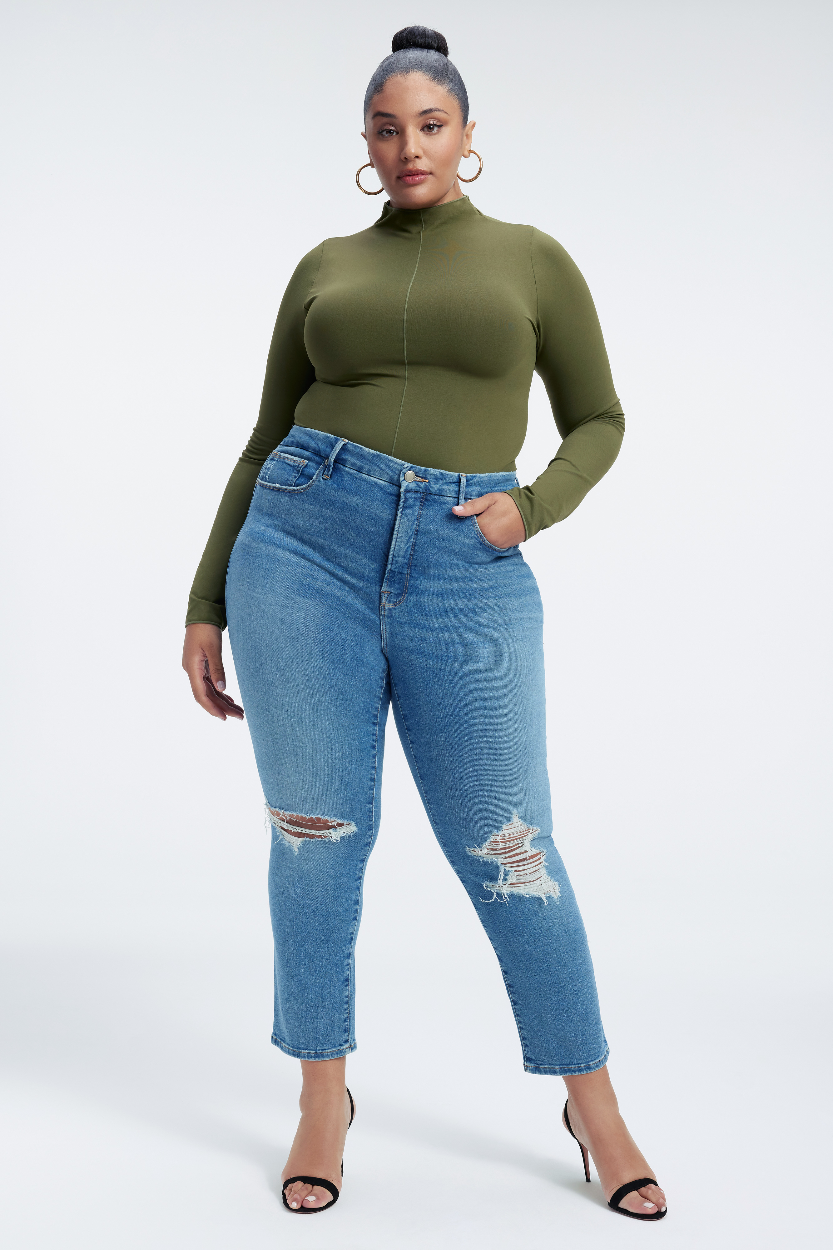 SCULPTED BODYSUIT in JUNIPER GREEN001 styled with our GOOD LEGS CIGARETTE JEANS in INDIGO227, GOOD LEGS JEANS in INDIGO234, or ALWAYS FITS GOOD LEGS JEANS in INDIGO233
