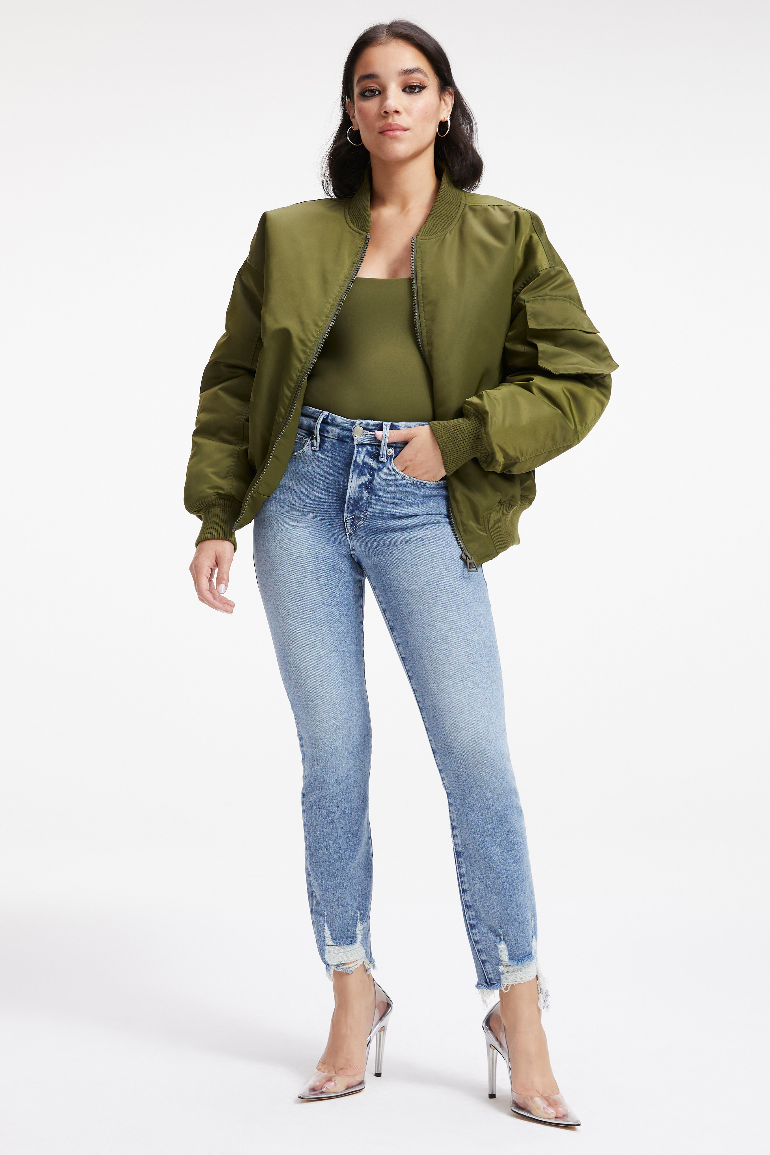 SATIN BOMBER in JUNIPER GREEN001 styled with our GOOD WAIST CROPPED JEANS in INDIGO223, GOOD ICON JEANS in INDIGO159,