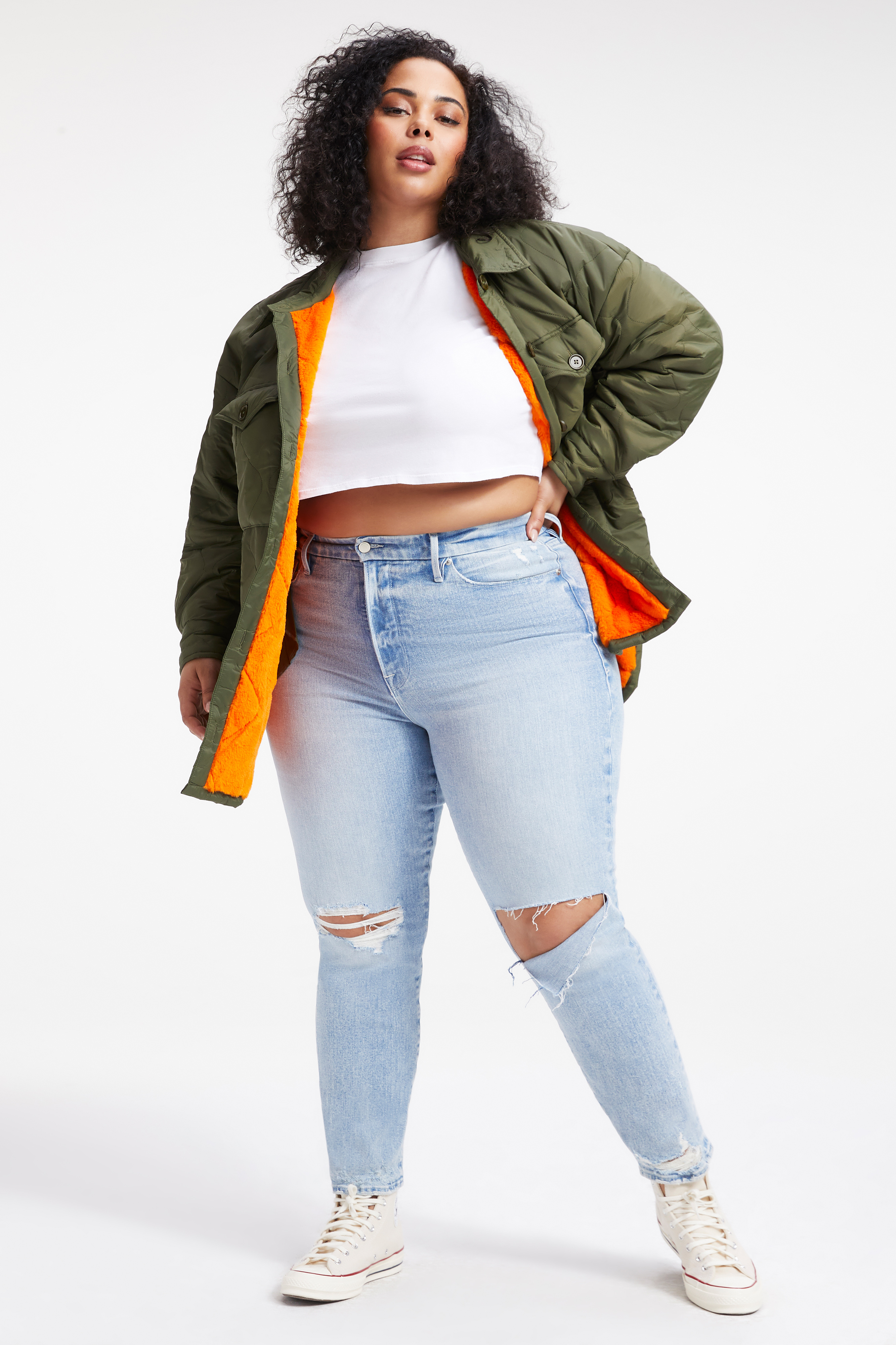 QUILTED SHACKET in JUNIPER GREEN001 styled with our COTTON CROPPED TEE in WHITE001, GOOD STRAIGHT JEANS in INDIGO269, or GOOD ICON JEANS in INDIGO159