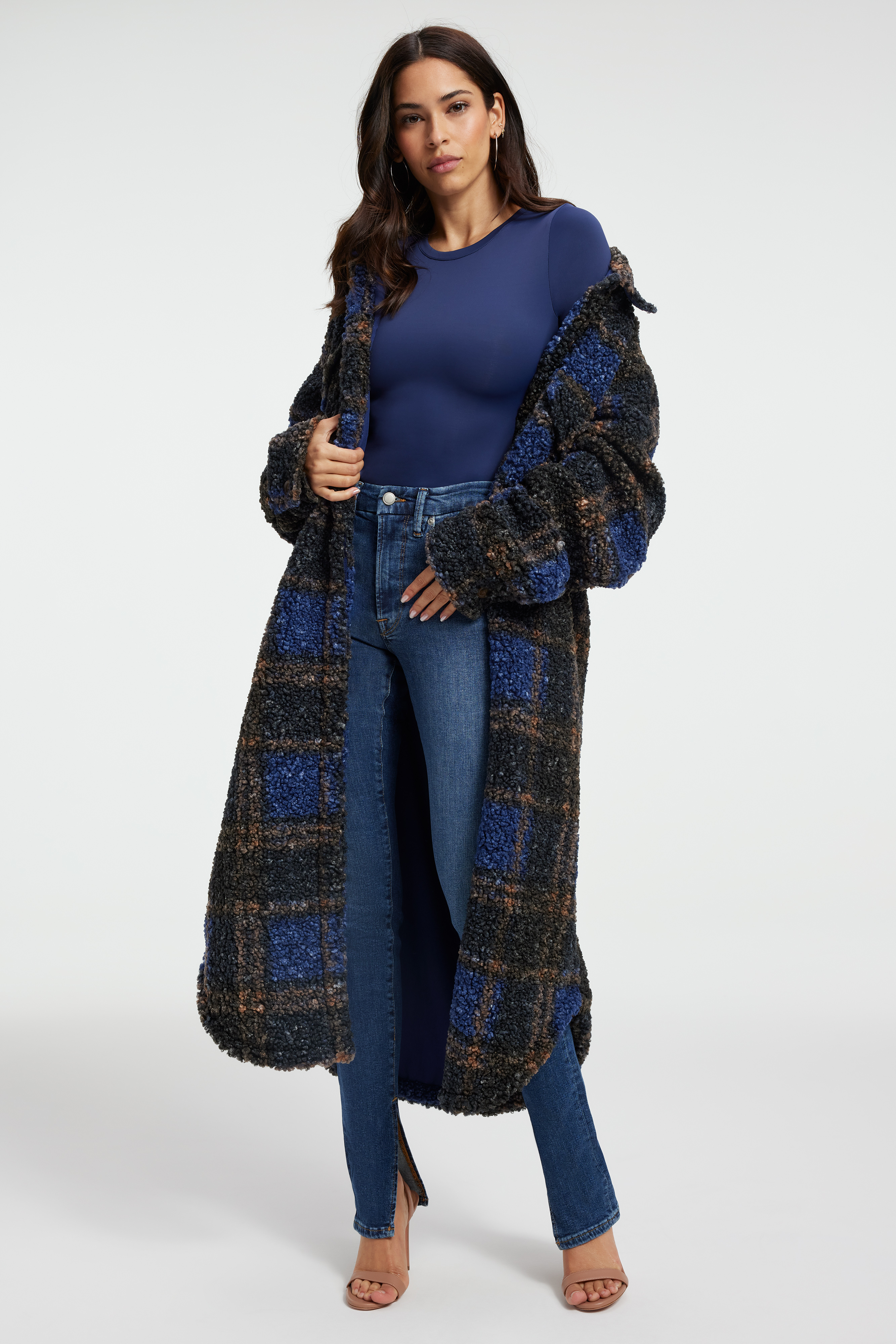 GOOD WAIST JEANS in INDIGO226 styled with our SCUBA CREWNECK BODYSUIT in BLUE RINSE, LONG SHERPA SHACKET in BLUE RINSE LARGE PLAID, or UNISEX FLANNEL SHIRT in BLUE RINSE LARGE PLAID