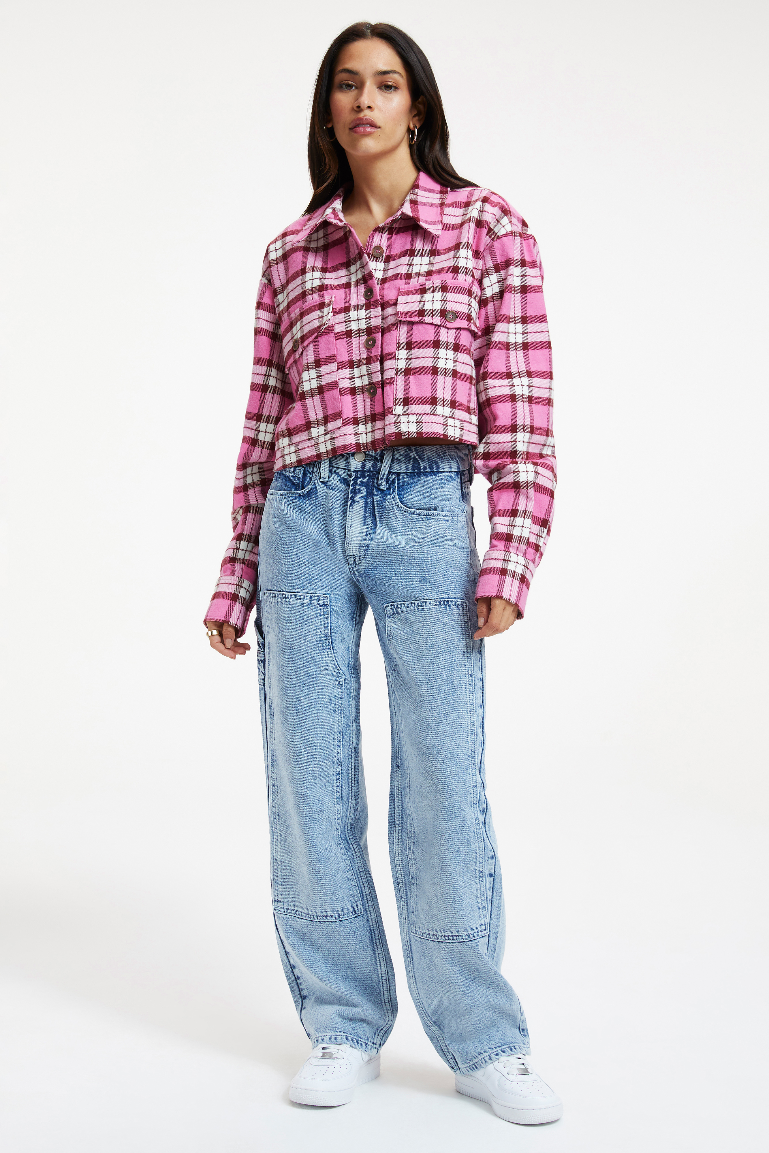 CROPPED PLAID SHIRT in SORORITY PINK & TEAM CARDINAL styled with our GOOD SKATE JEANS in INDIGO208, GOOD '90s JEANS in INDIGO244, or GOOD '90S in BLUE541