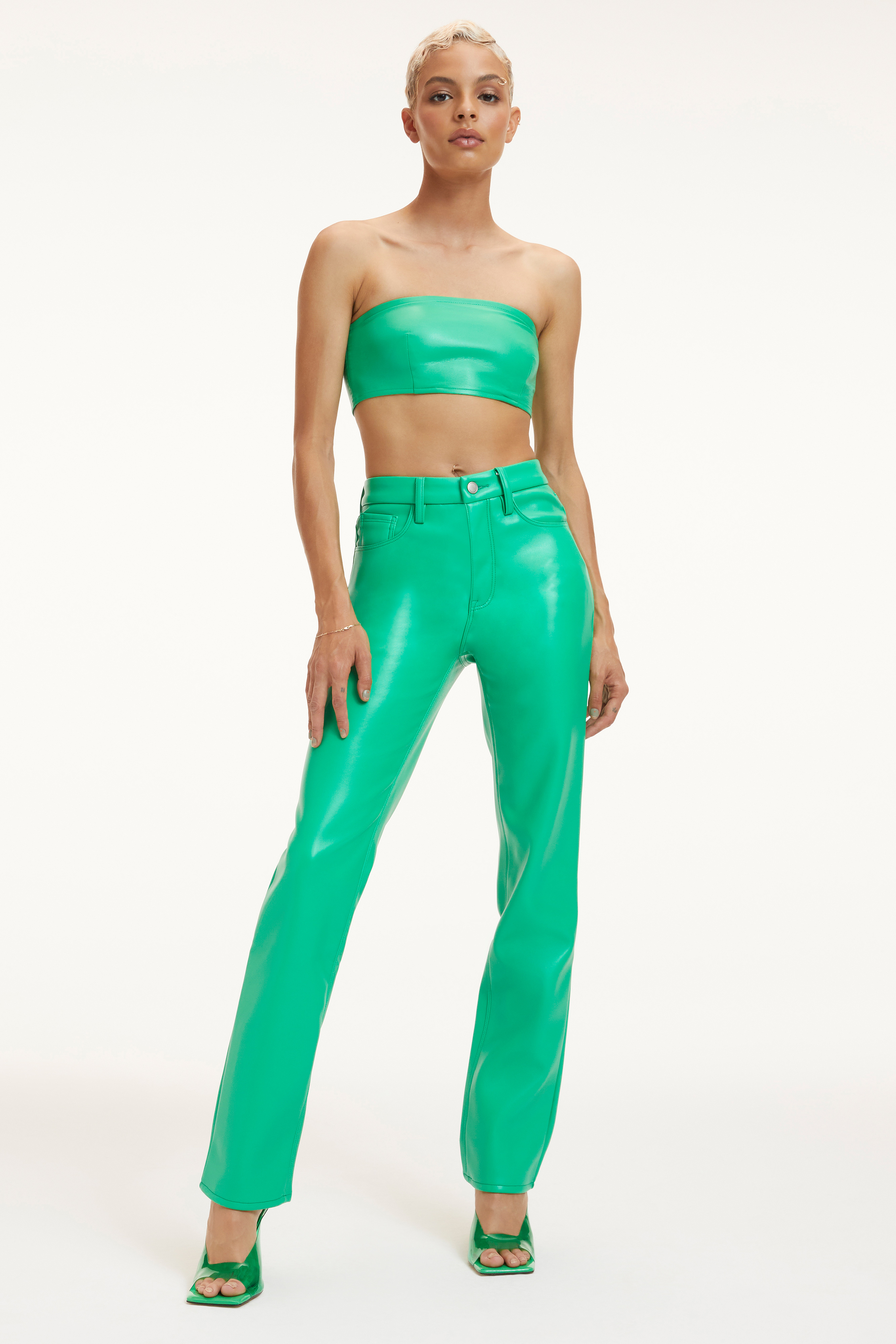 FAUX LEATHER BANDEAU in SUMMER GREEN002 styled with our GOOD ICON FAUX LEATHER PANTS in SUMMER GREEN002, GOOD PETITE STRAIGHT JEANS in INDIGO272,