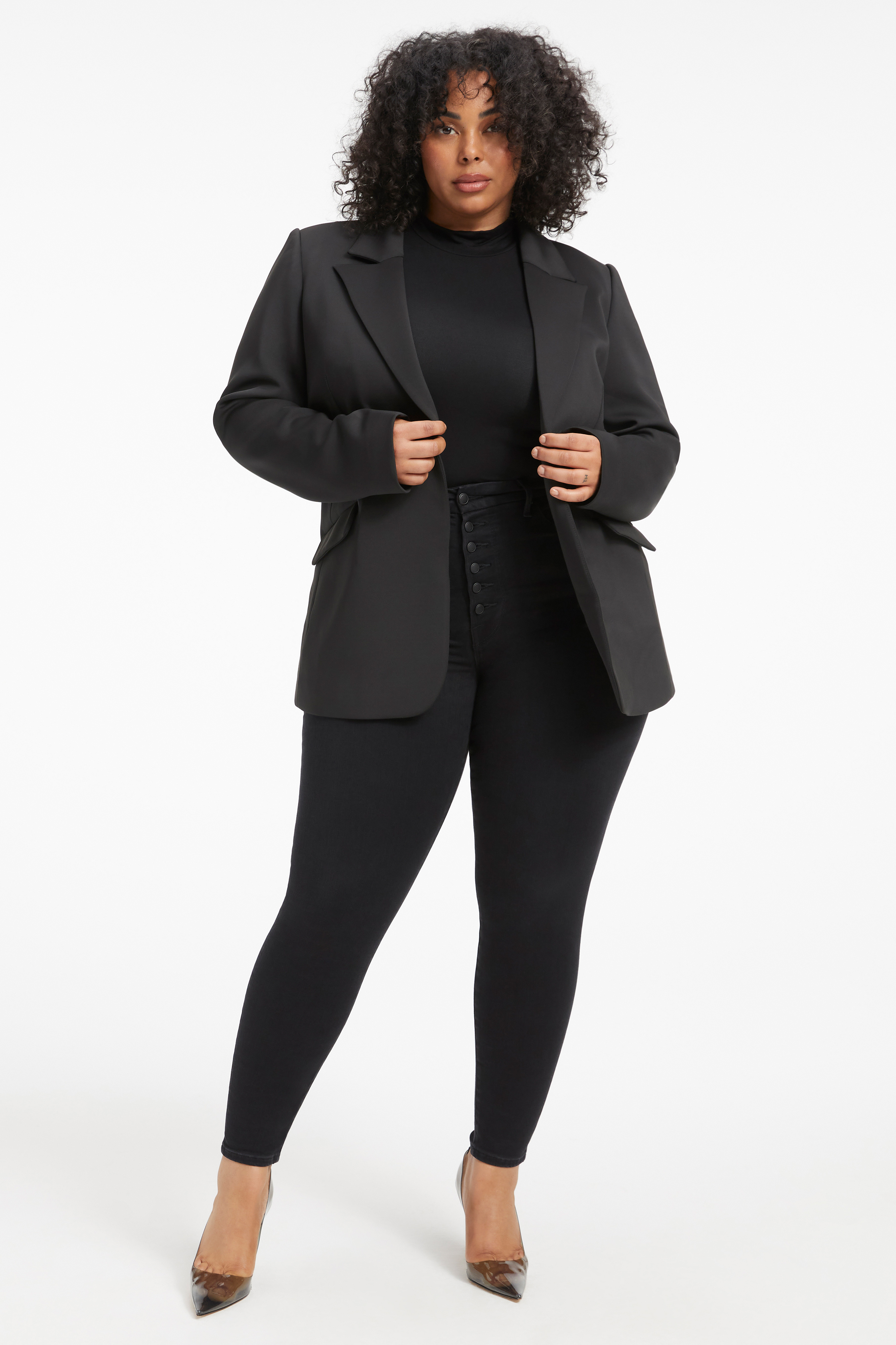 FITTED SCUBA BLAZER in BLACK001 styled with our GOOD LEGS STRAIGHT NEVER FADE JEANS in BLACK001, GOOD LEGS FLARE NEVER FADE JEANS in BLACK001, or ALWAYS FITS GOOD LEGS JEANS in BLACK165