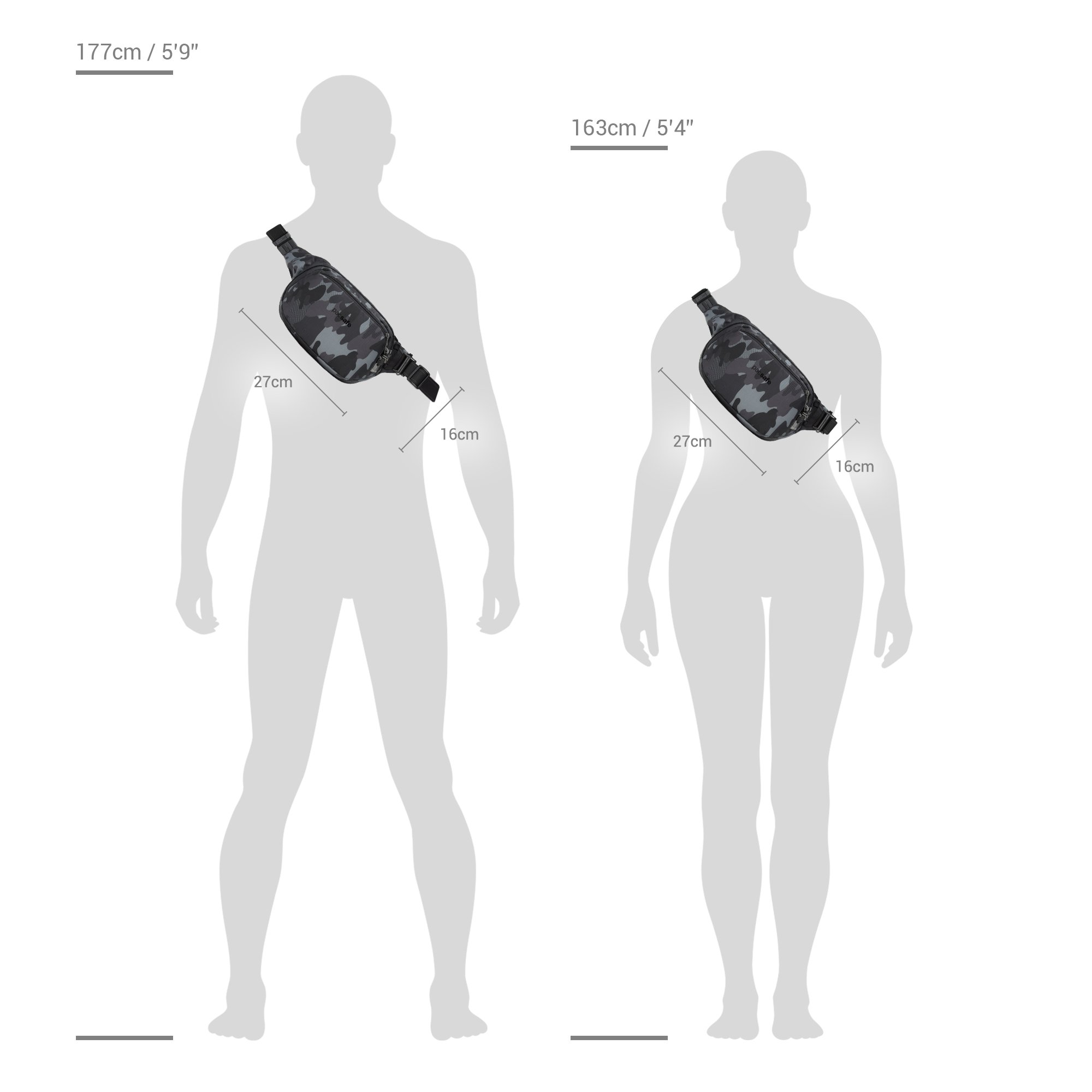 Size chart for Pacsafe® V anti-theft hip pack