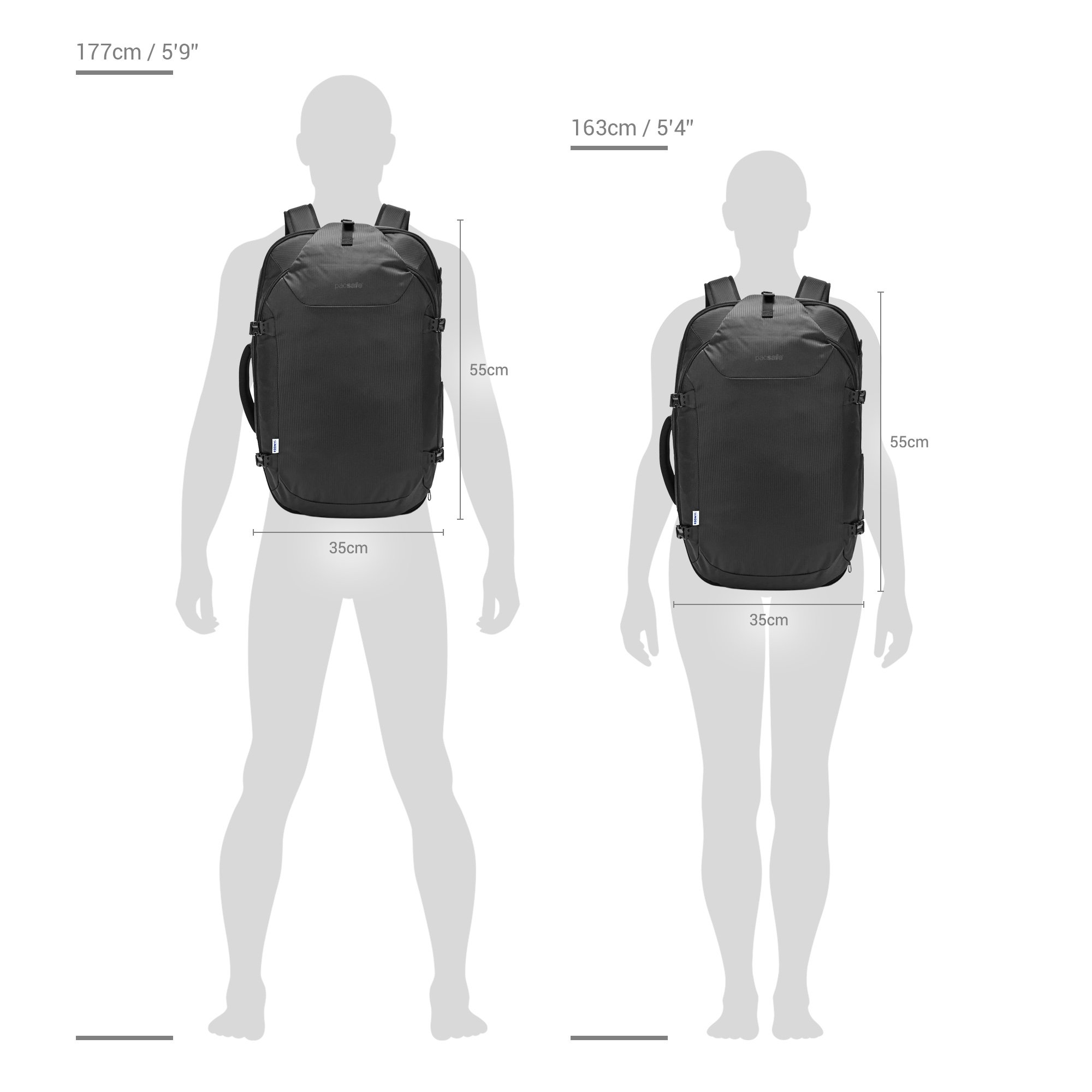 Size chart for Pacsafe® EXP45 anti-theft carry-on travel pack