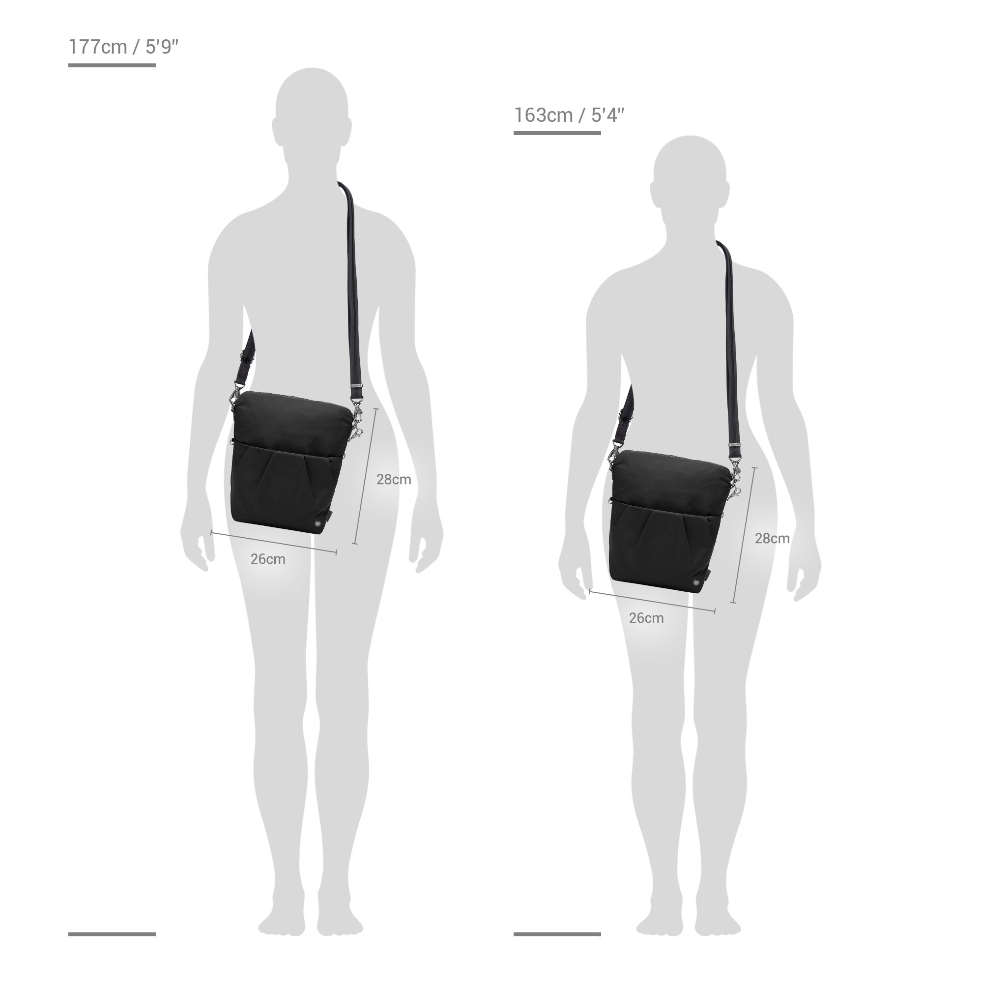 Size chart for Pacsafe® CX anti-theft convertible crossbody
