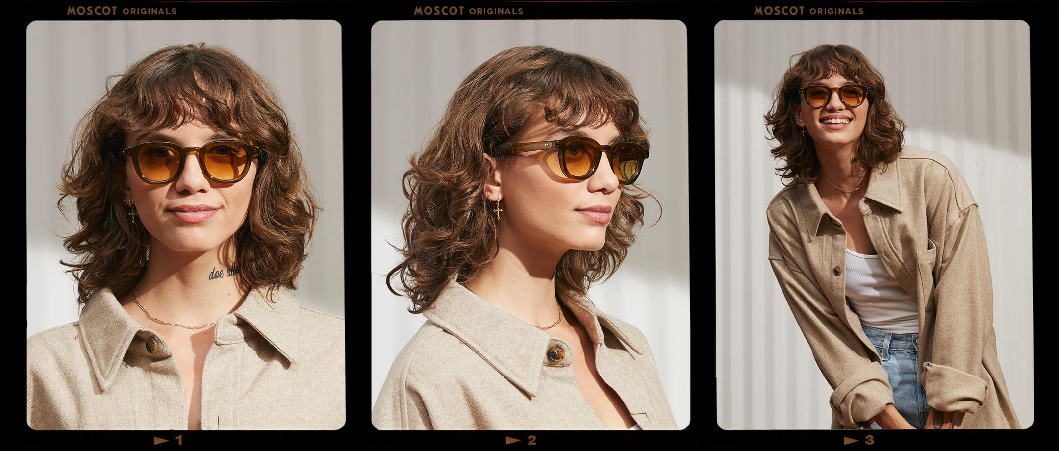  Model is wearing The DAHVEN SUN in Olive Brown in size 44 with Chestnut Fade Tinted Lenses 