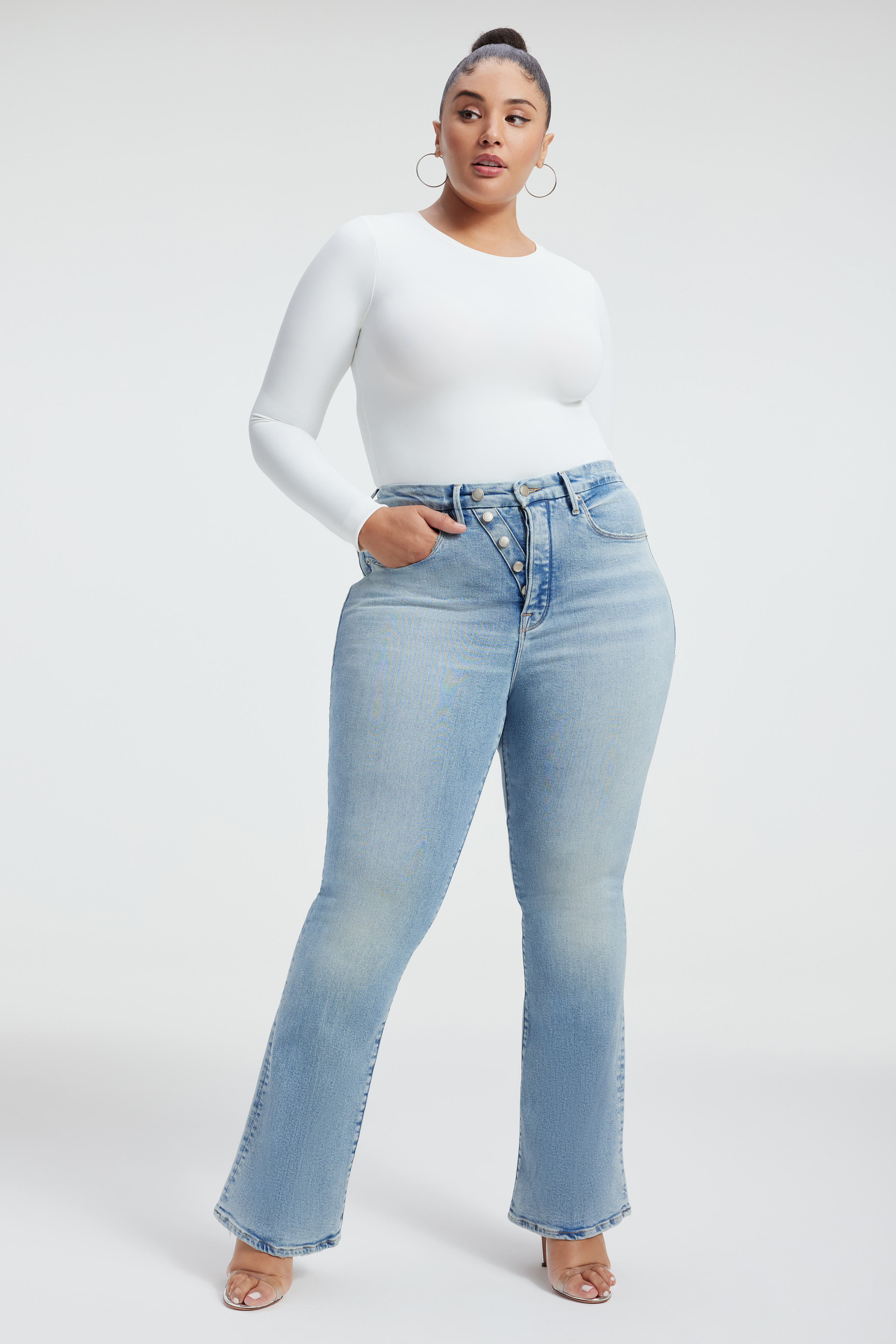 GOOD CLASSIC SLIM BOOTCUT SUPER COMPRESSION JEANS in INDIGO440 styled with our SCUBA CREW BODYSUIT in WHITE001, SCUBA SHORT SLEEVE BODYSUIT in WHITE001,