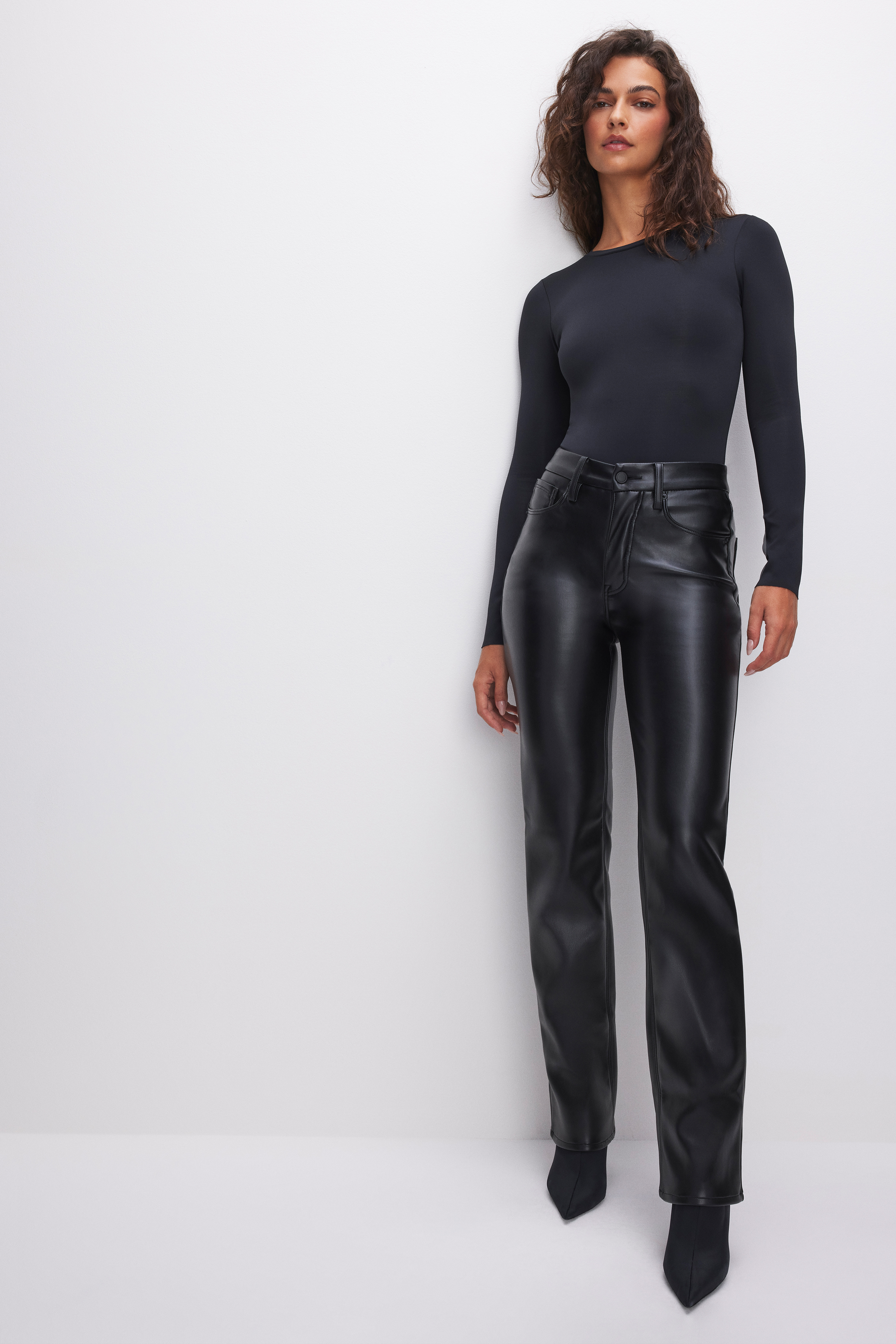Stradivarius STR faux leather straight leg pants in washed black