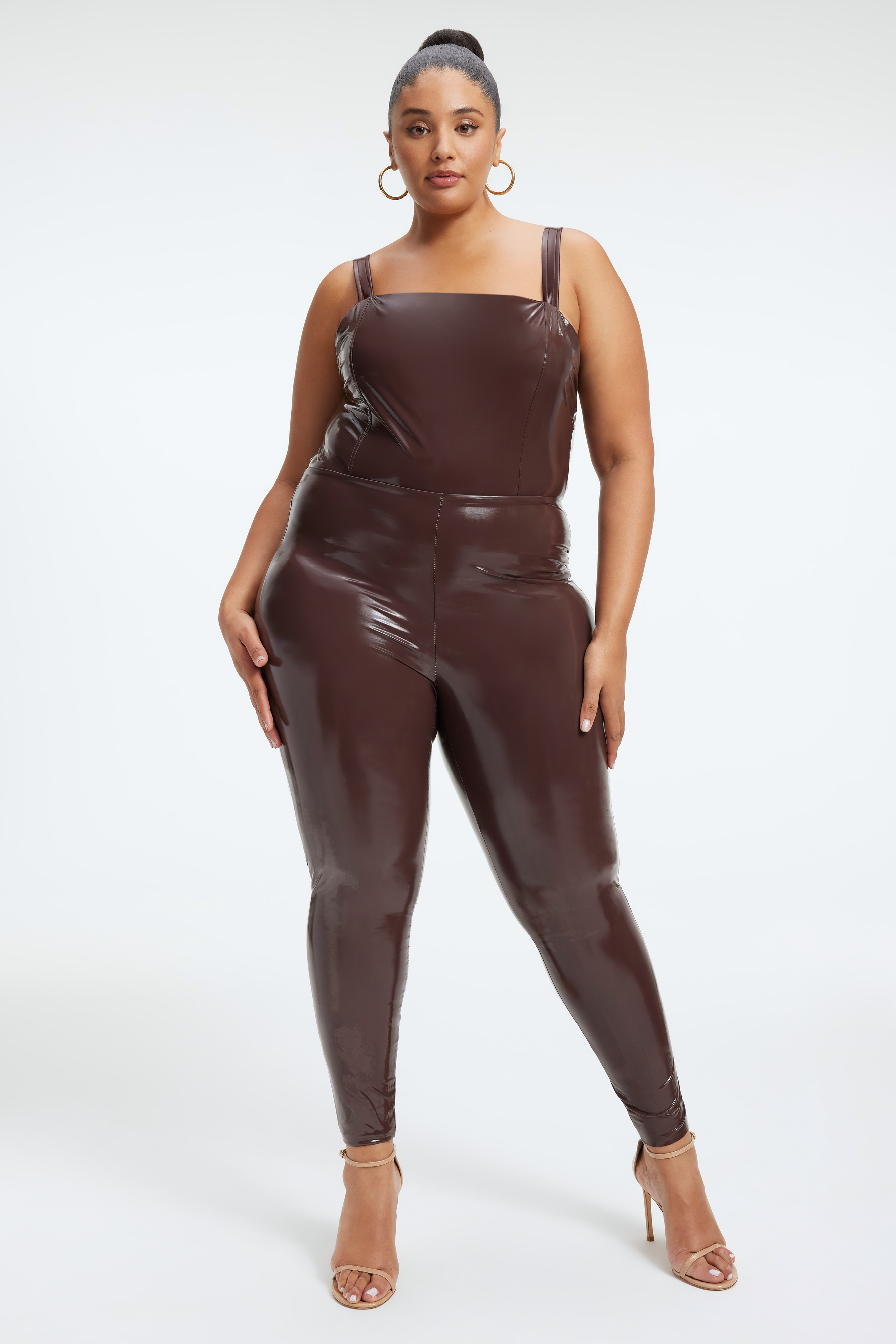 VINYL CORSET BODYSUIT in DARK COCOA001 styled with our VINYL LEGGINGS in DARK COCOA001, or VINYL FLARE LEGGINGS in DARK COCOA001