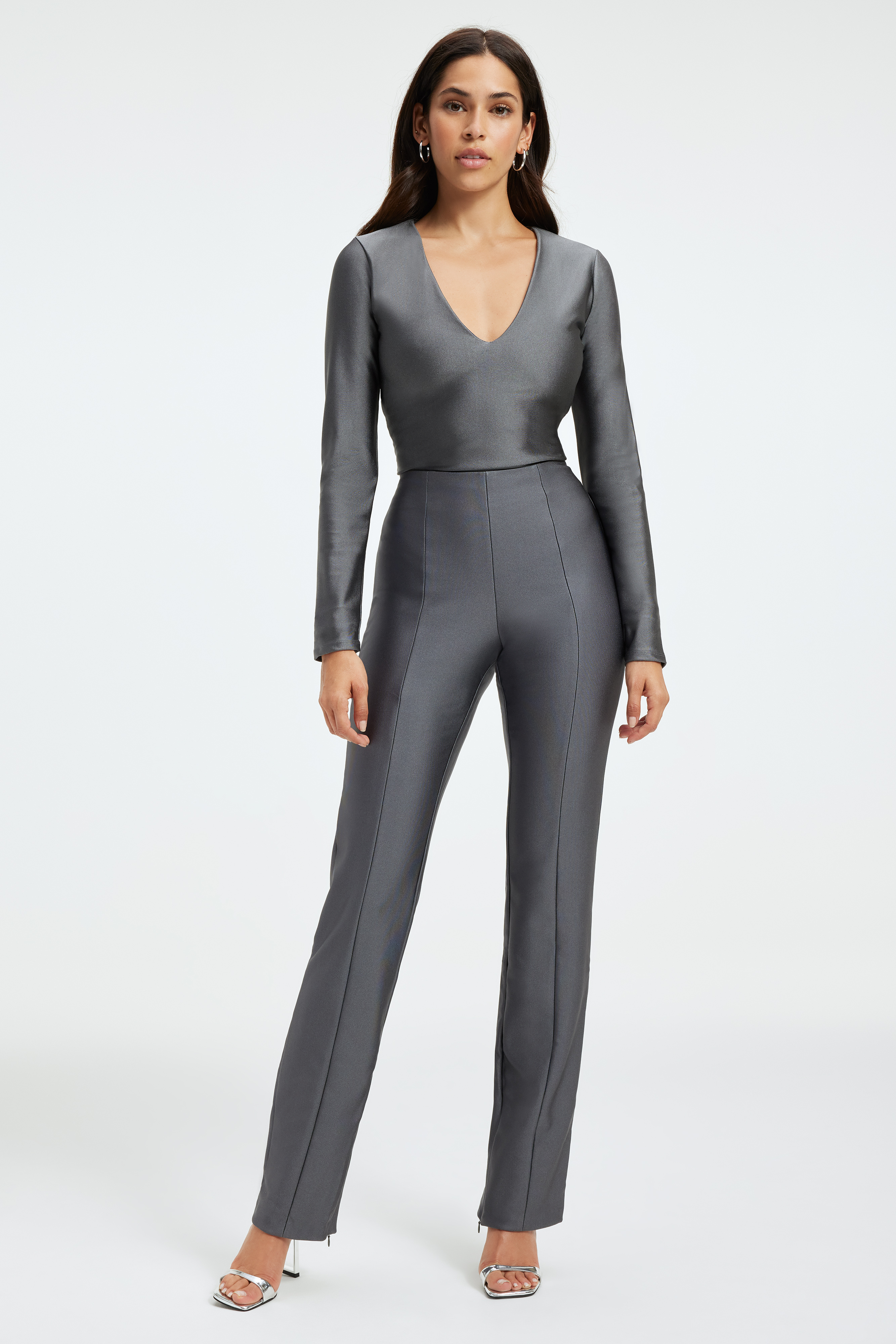 HIGH SHINE COMPRESSION BODYSUIT in CHROME003 styled with our HIGH SHINE COMPRESSSION LEGGINGS in CHROME003, or GOOD ICON DIAMOND DUSTED JEANS in BLACK251