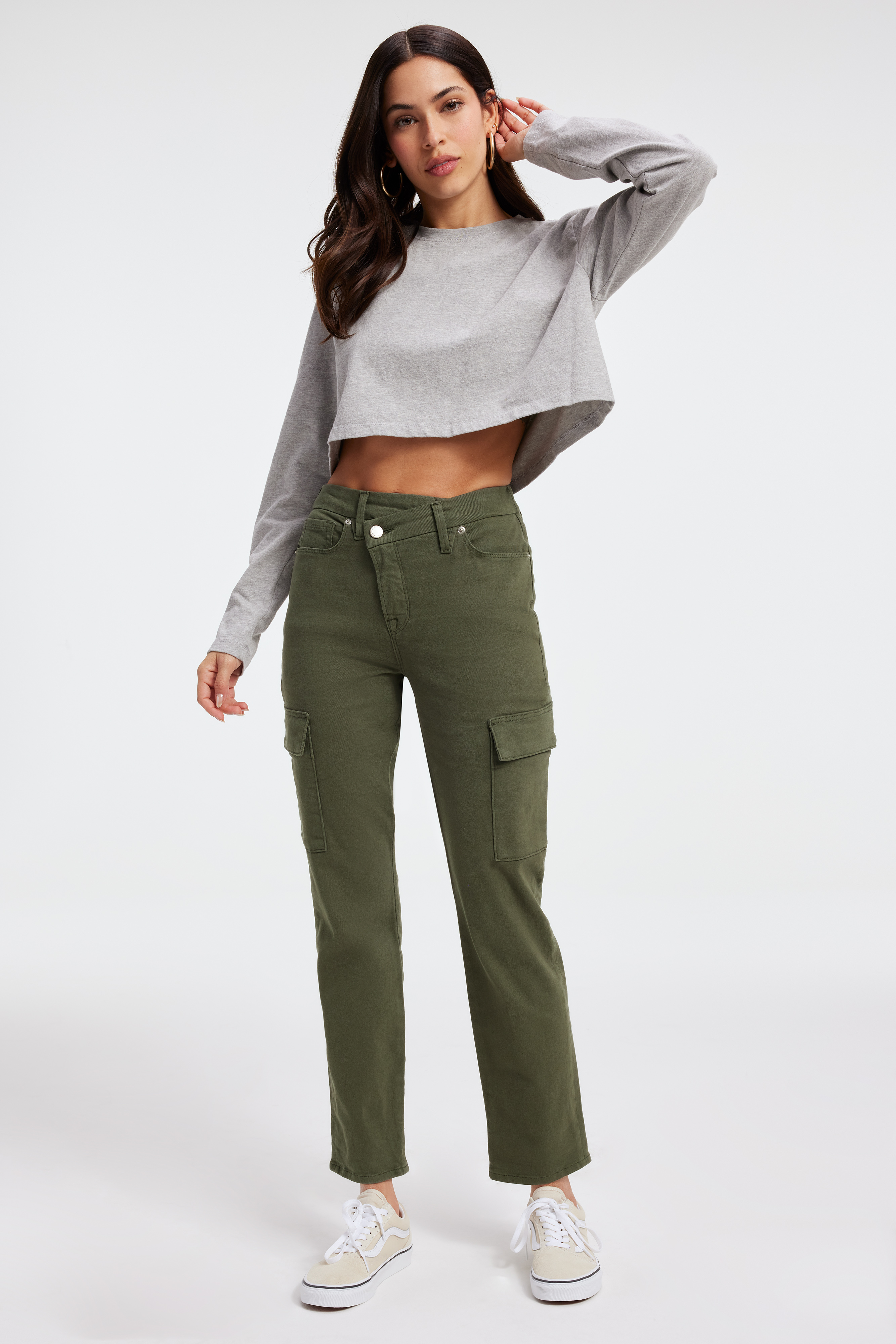 CROSSOVER CARGO PANTS in FERN002 styled with our COTTON CROPPED LONG SLEEVE TEE in HEATHER GREY001, COTTON CROPPED TEE in HEATHER GREY001, or FITTED RIBBED TANK in HEATHER GREY001