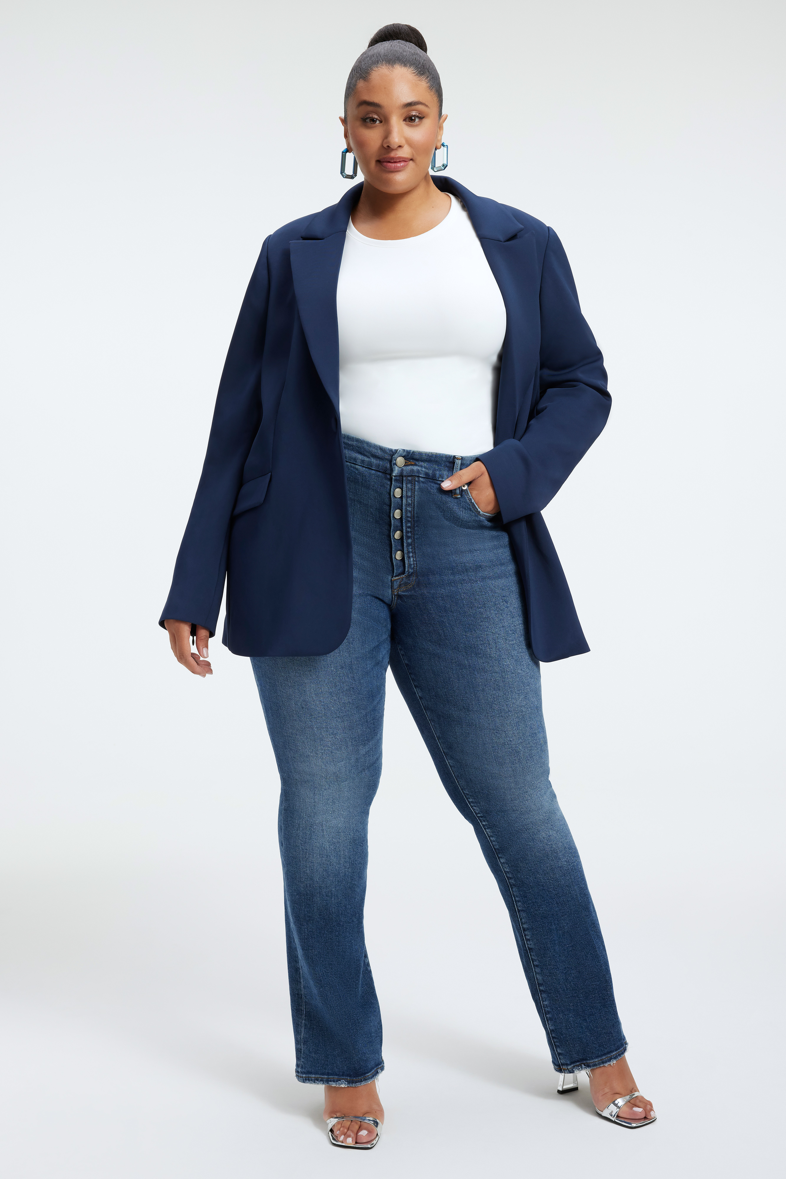 GOOD CLASSIC BOOTCUT JEANS in INDIGO331 styled with our SCUBA CREW BODYSUIT in WHITE001, or SCUBA SHORT SLEEVE BODYSUIT in WHITE001