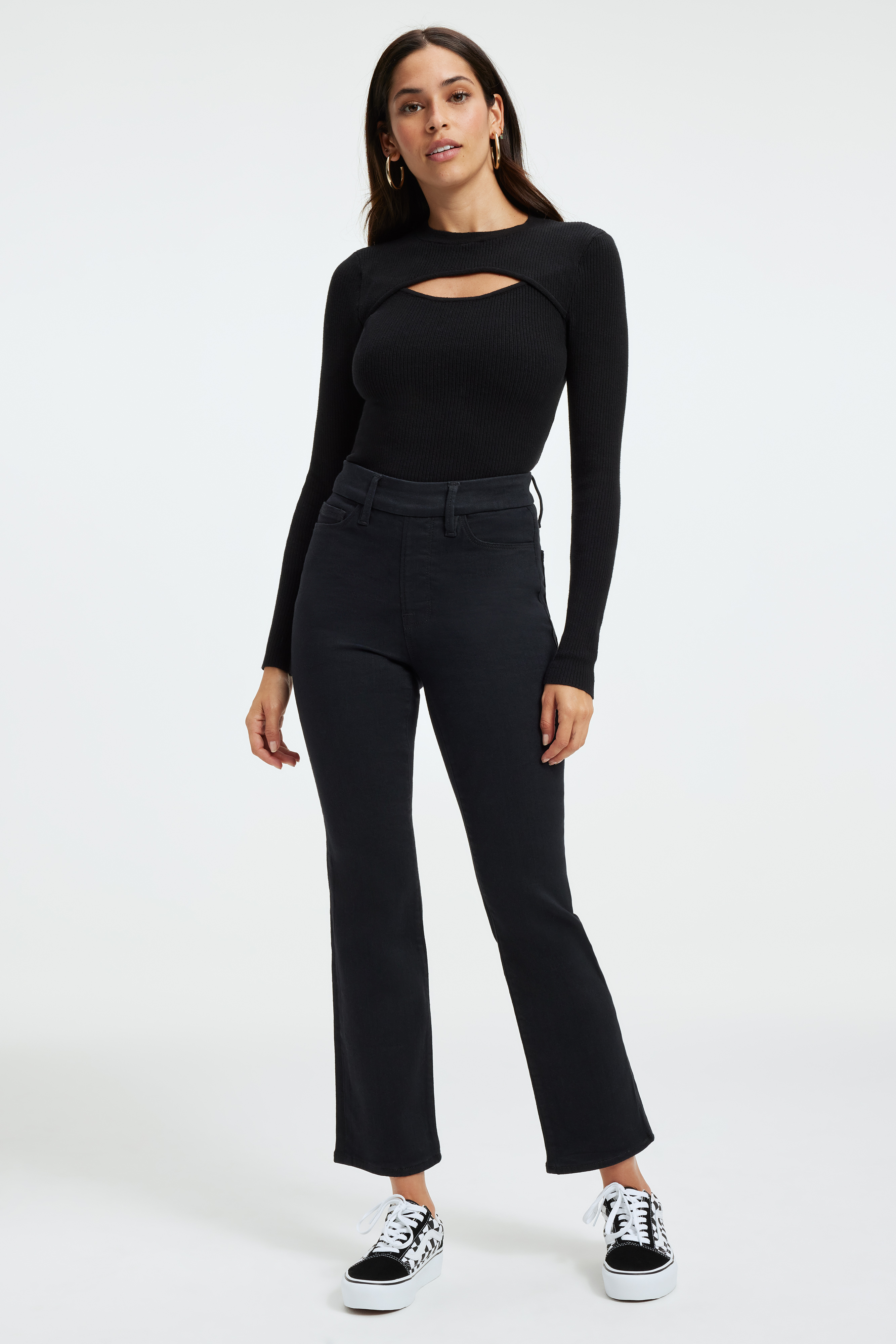 KNIT CUT-OUT TOP in BLACK001 styled with our GOOD CLASSIC BOOTCUT JEANS in BLACK162, GOOD BOY JEANS in BLACK295, or GOOD LEGS STRAIGHT JEANS in BLACK302