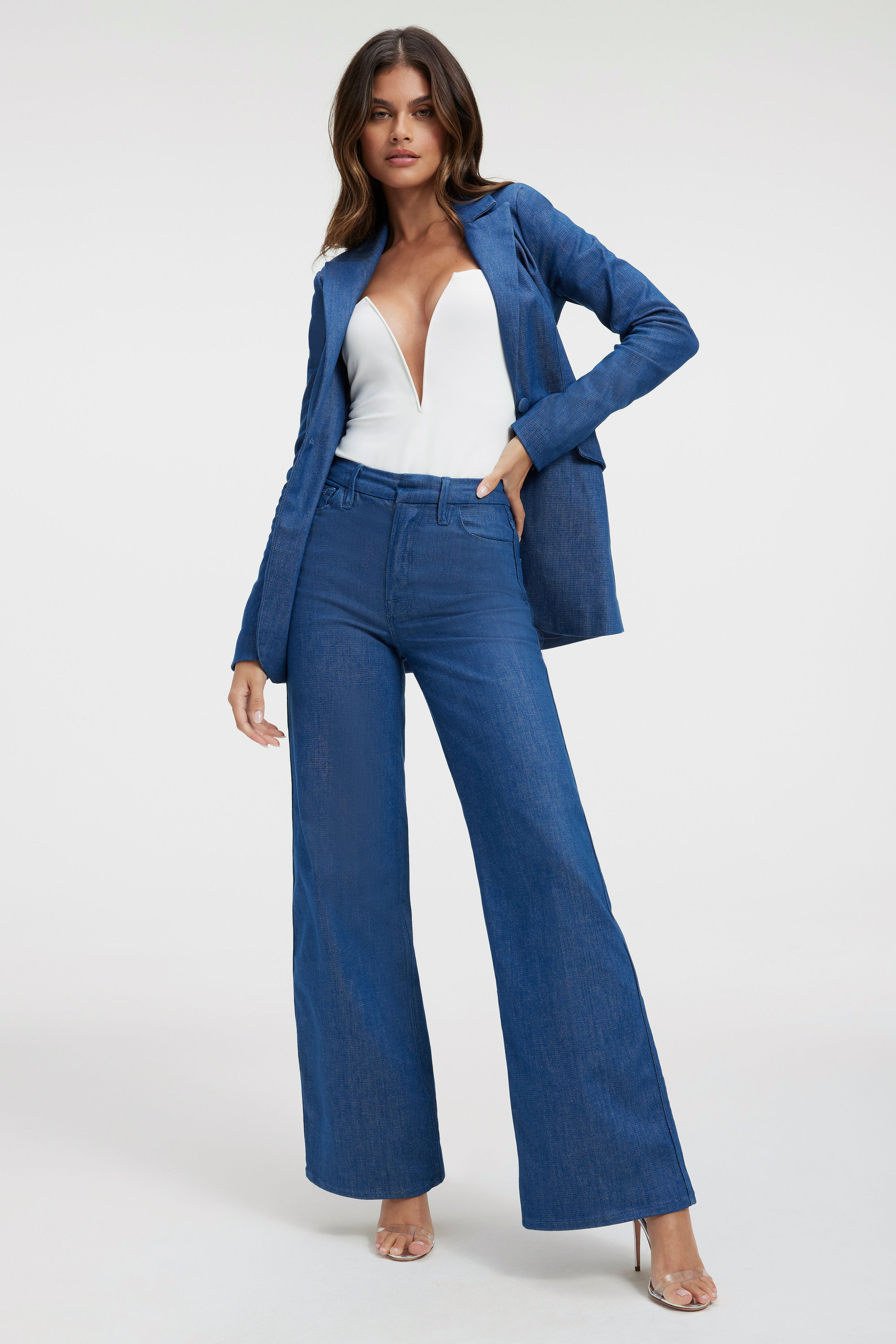 SCUBA V-NECK BODYSUIT in WHITE001 styled with our DENIM BLAZER in TRUEBLUE001, GOOD SKATE TROUSERS in TRUEBLUE001, or SCUBA SLIM FLARE PANT in NAVY001