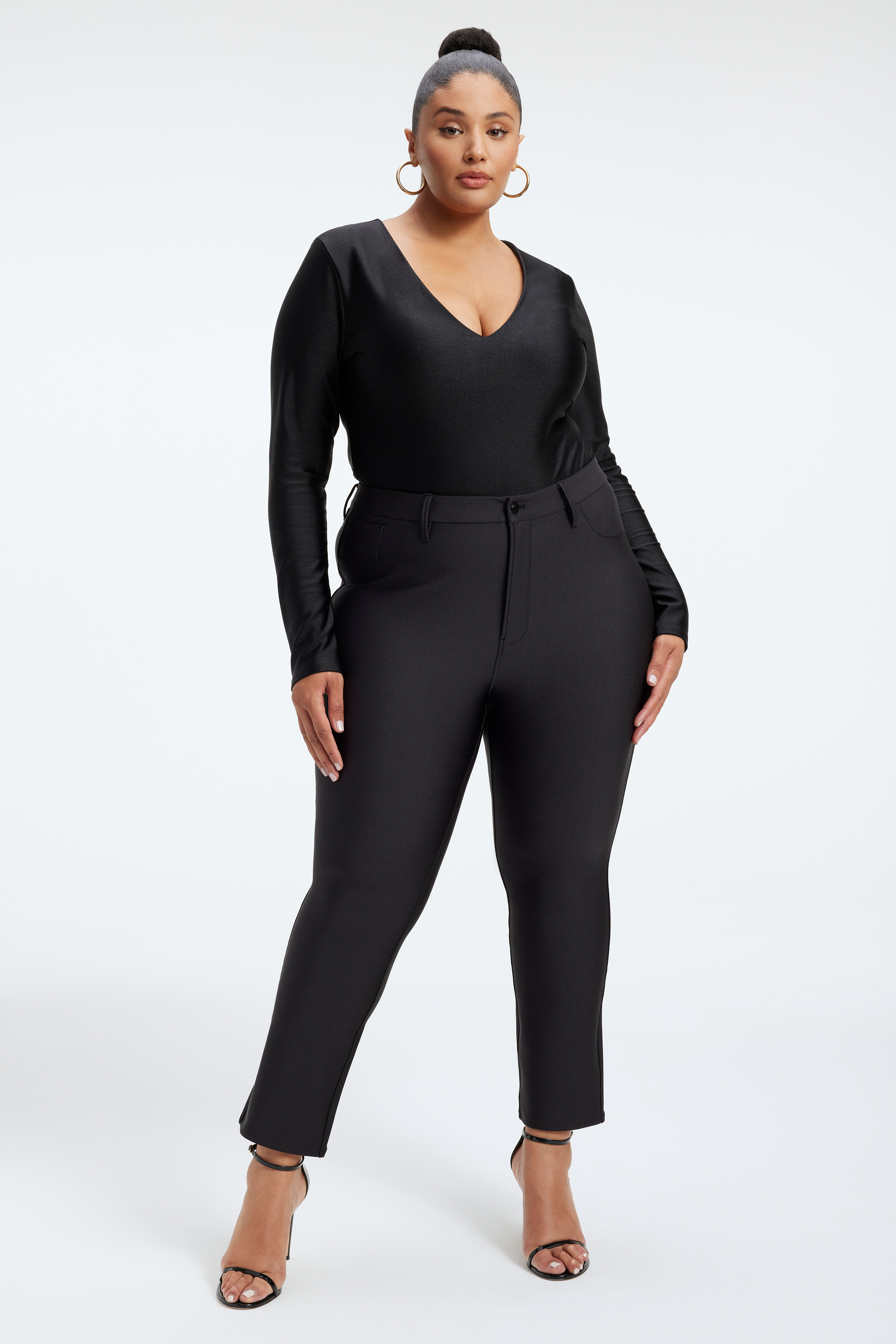 HIGH SHINE COMPRESSION BODYSUIT in BLACK001 styled with our SHINE COMPRESSION GOOD WAIST STRAIGHT in BLACK001, SHINE COMPRESSION SLIM ZIP in BLACK001, or SHINE COMPRESSION SKINNY in BLACK001