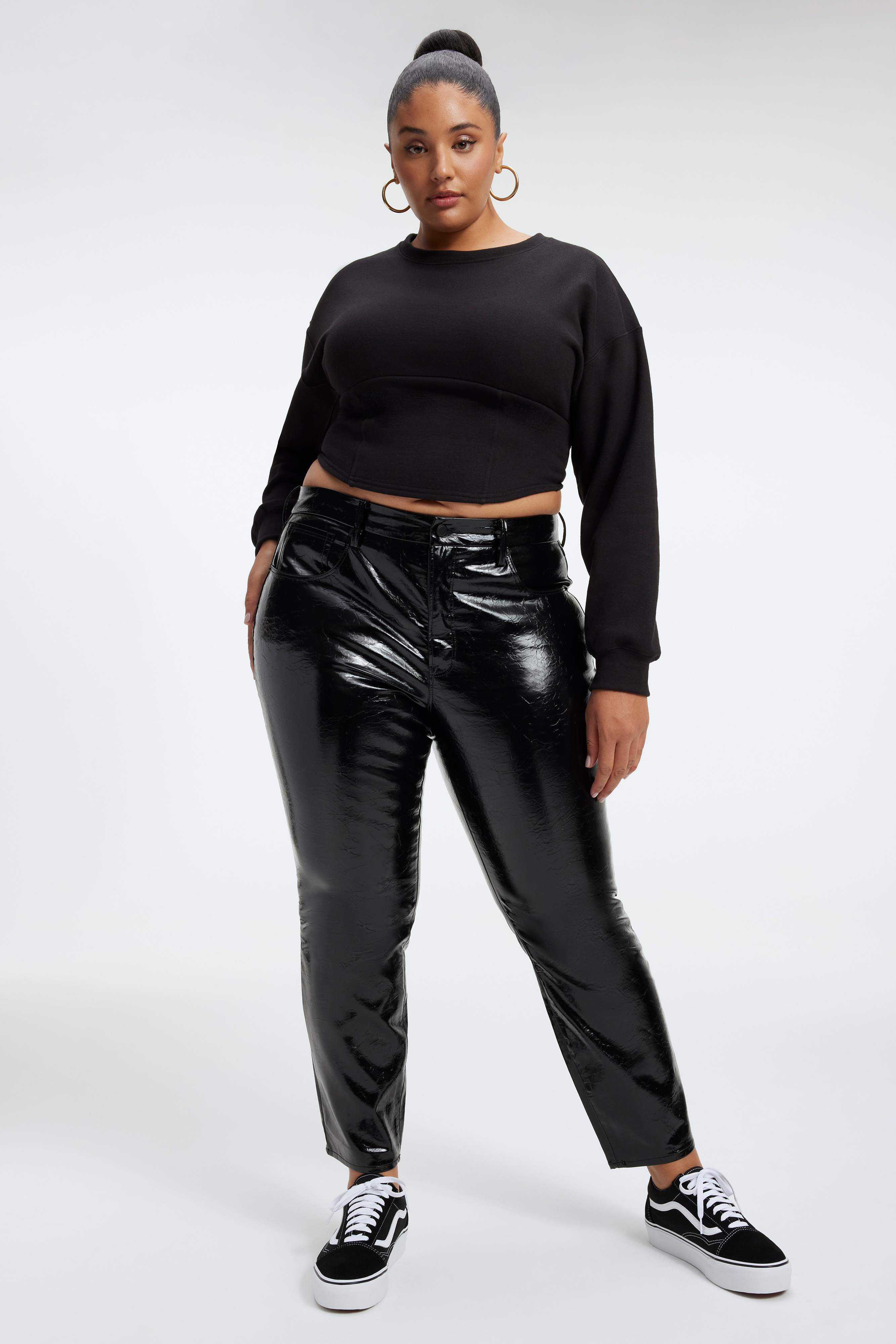 GOOD CLASSIC FAUX LEATHER PANTS in BLACK001 styled with our COTTON CROPPED LONG SLEEVE TEE in BLACK001, COTTON CROPPED TEE in BLACK001, or THERMAL CROPPED TEE in BLACK001