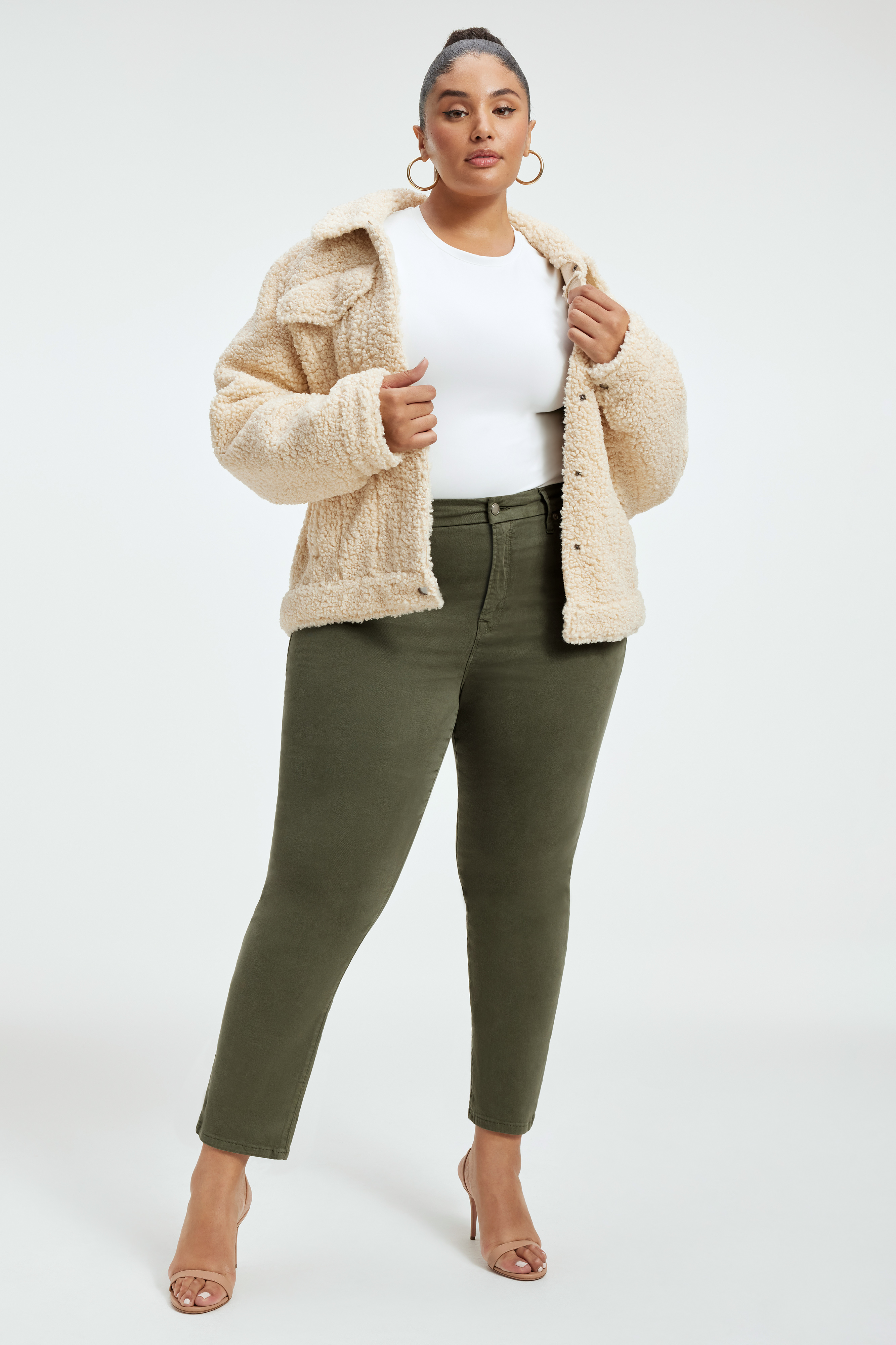 GOOD CLASSIC PANTS in FERN002 styled with our SCUBA CREW BODYSUIT in WHITE001, or SCUBA SHORT SLEEVE BODYSUIT in WHITE001