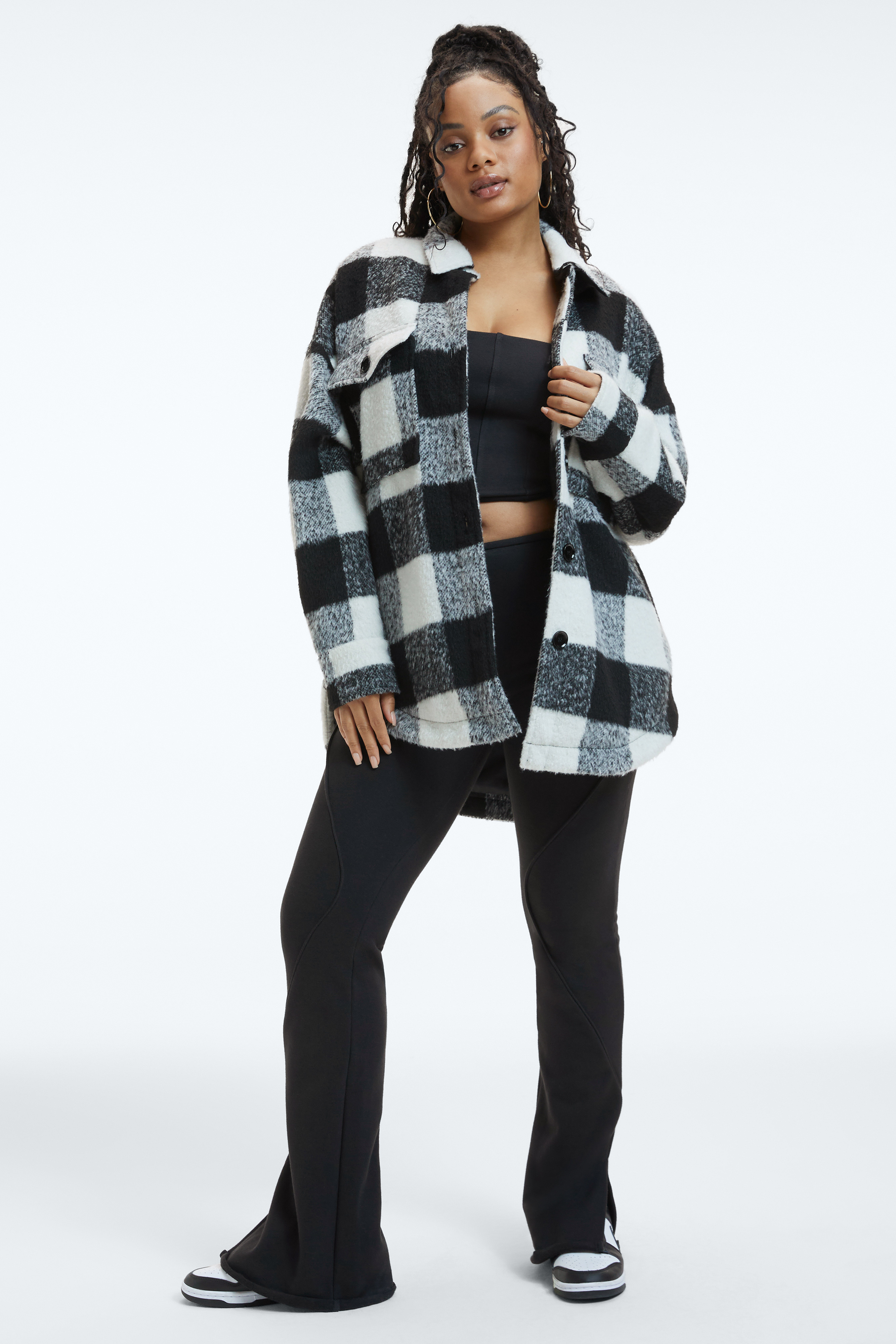 BRUSHED BOYFRIEND SHACKET in BLACK & IVORY styled with our SUEDED FLEECE CORSET TOP in BLACK001,