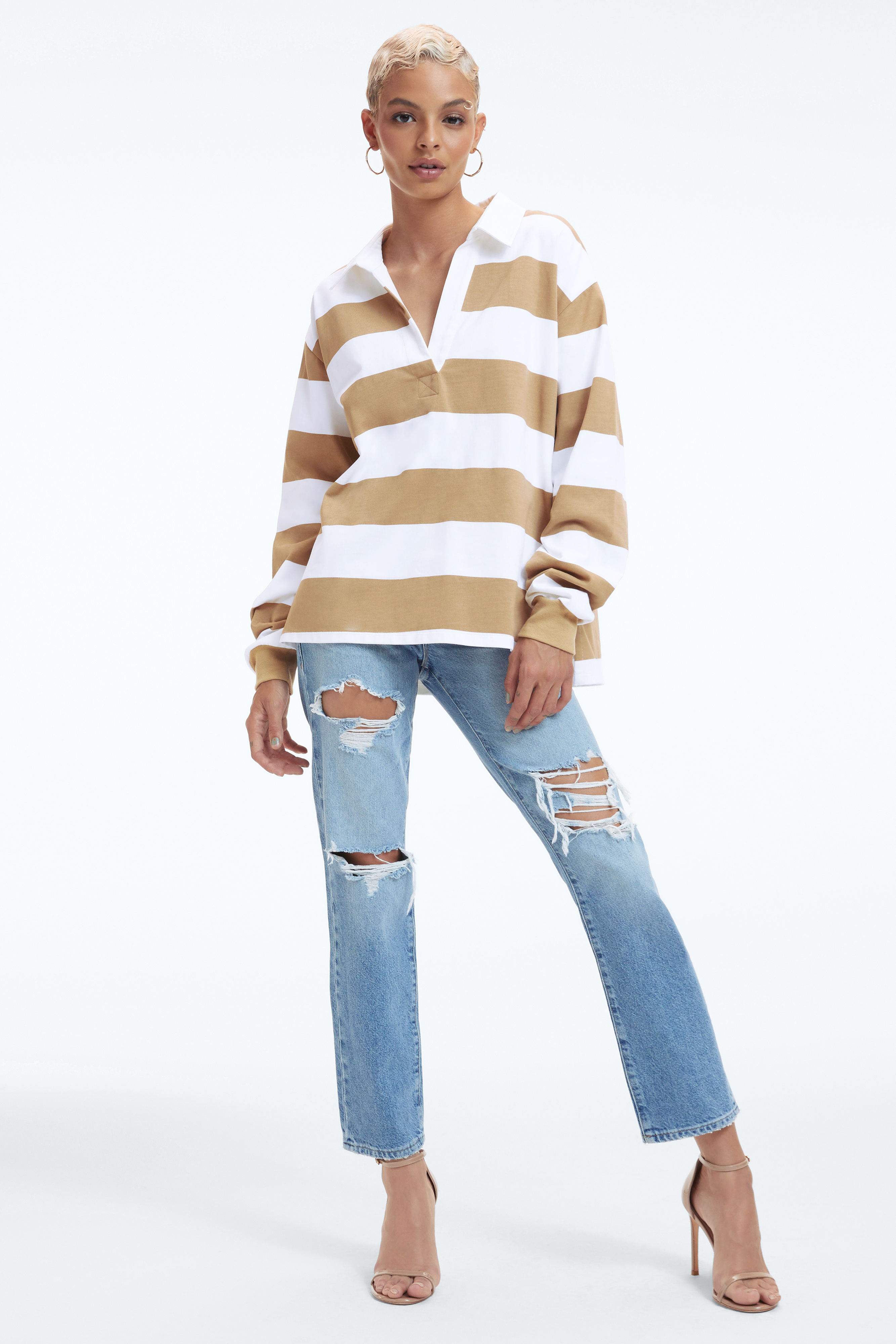 OVERSIZED RUGBY SHIRT in IVORY & PECAN styled with our GOOD BOY JEANS in INDIGO244