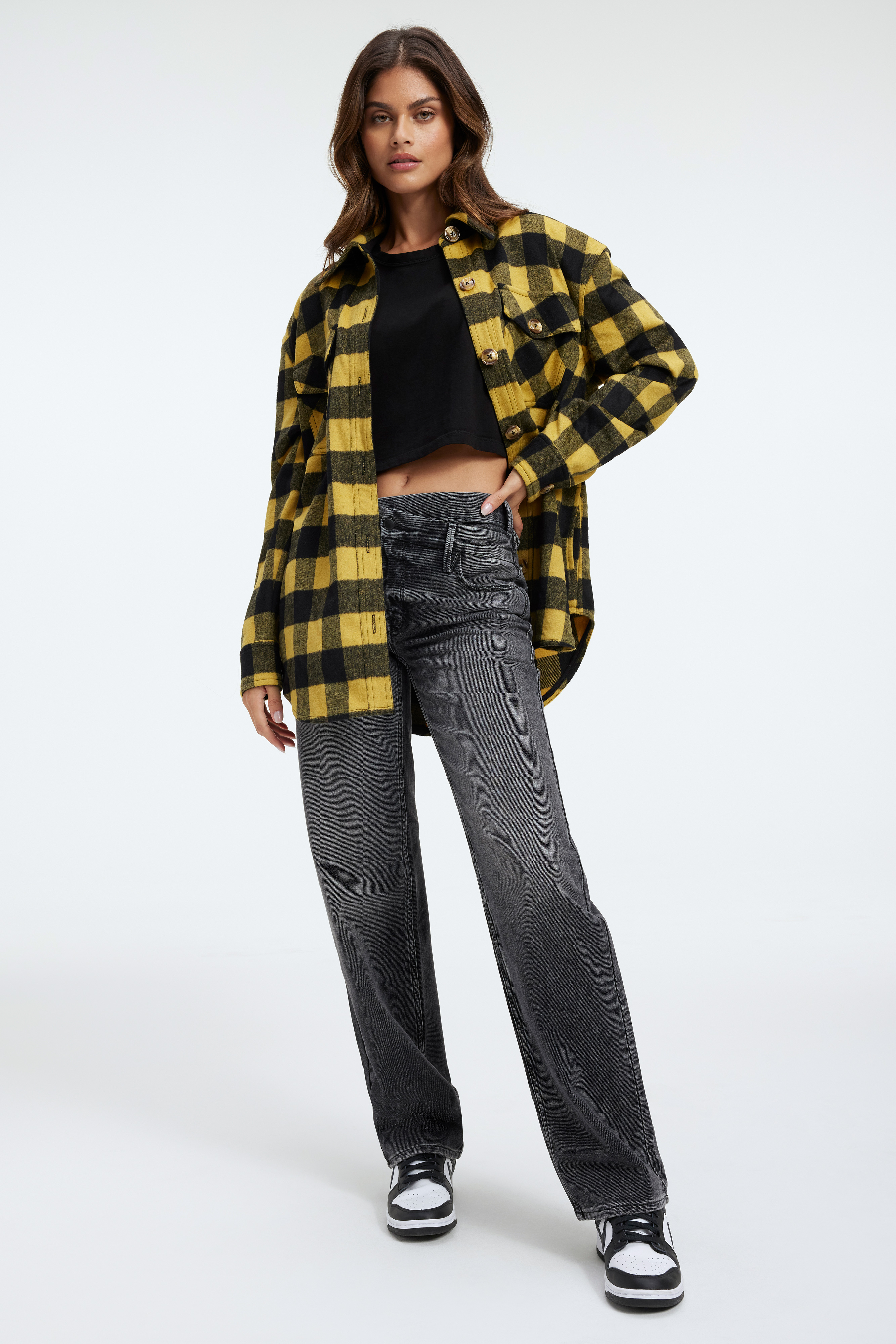 BUFFALO PLAID SHIRT SHACKET in EMORY GOLD & BLACK PLAID styled with our SCULPTED TEE in BLACK001, COTTON CROPPED TEE in BLACK001, or GOOD '90s JEANS in BLACK286