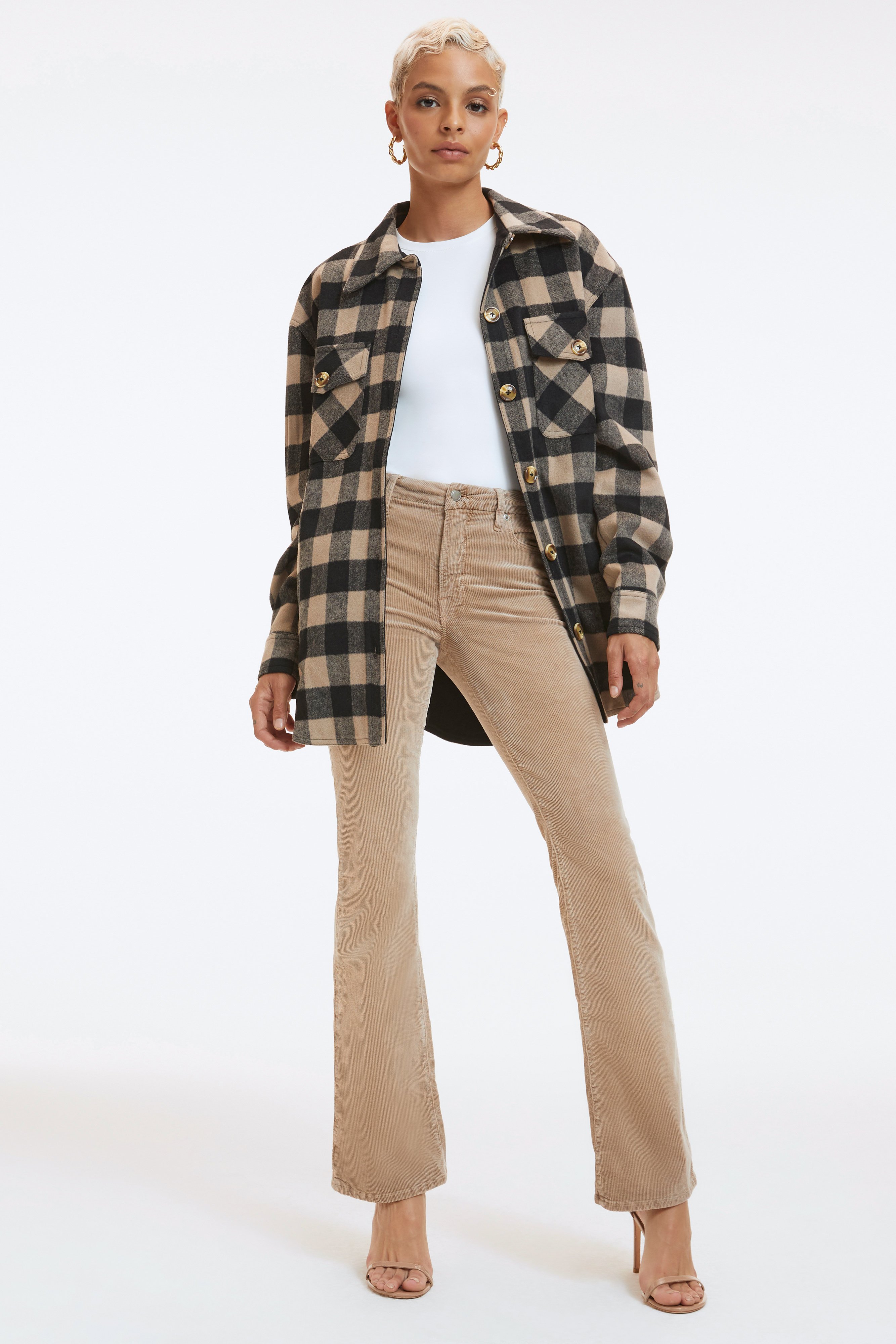 BUFFALO PLAID SHIRT SHACKET in PUTTY & BLACK PLAID styled with our GOOD 90s SURPLUS in INDIGO301, or SCUBA CREW BODYSUIT in WHITE001