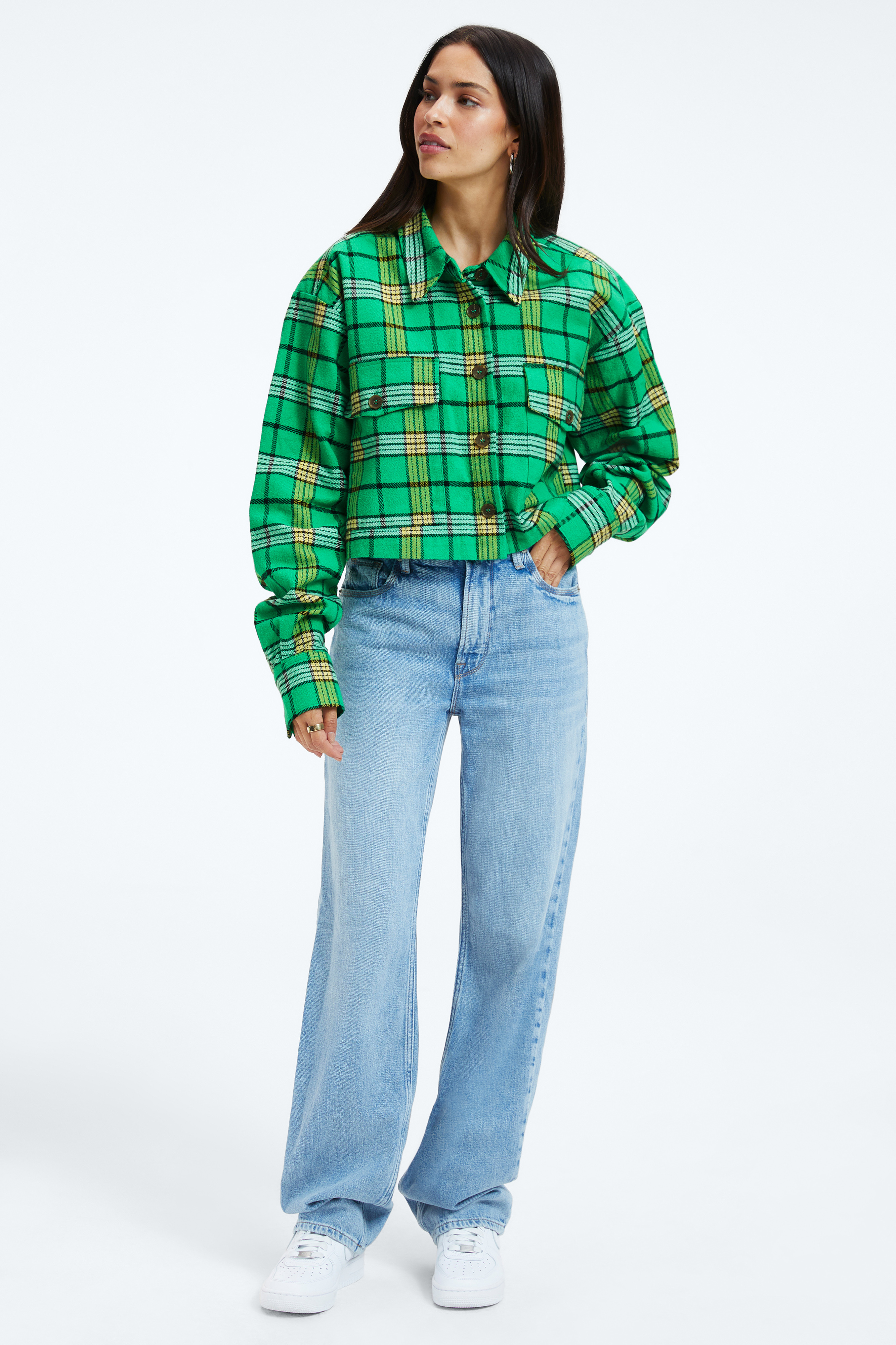 CROPPED PLAID SHIRT in SUMMER GREEN & BLACK styled with our WEIGHTLESS GOOD '90s in INDIGO210, WEIGHTLESS WIDE LEG PANT in INDIGO210, or WEIGHTLESS CYBER JEAN in INDIGO210