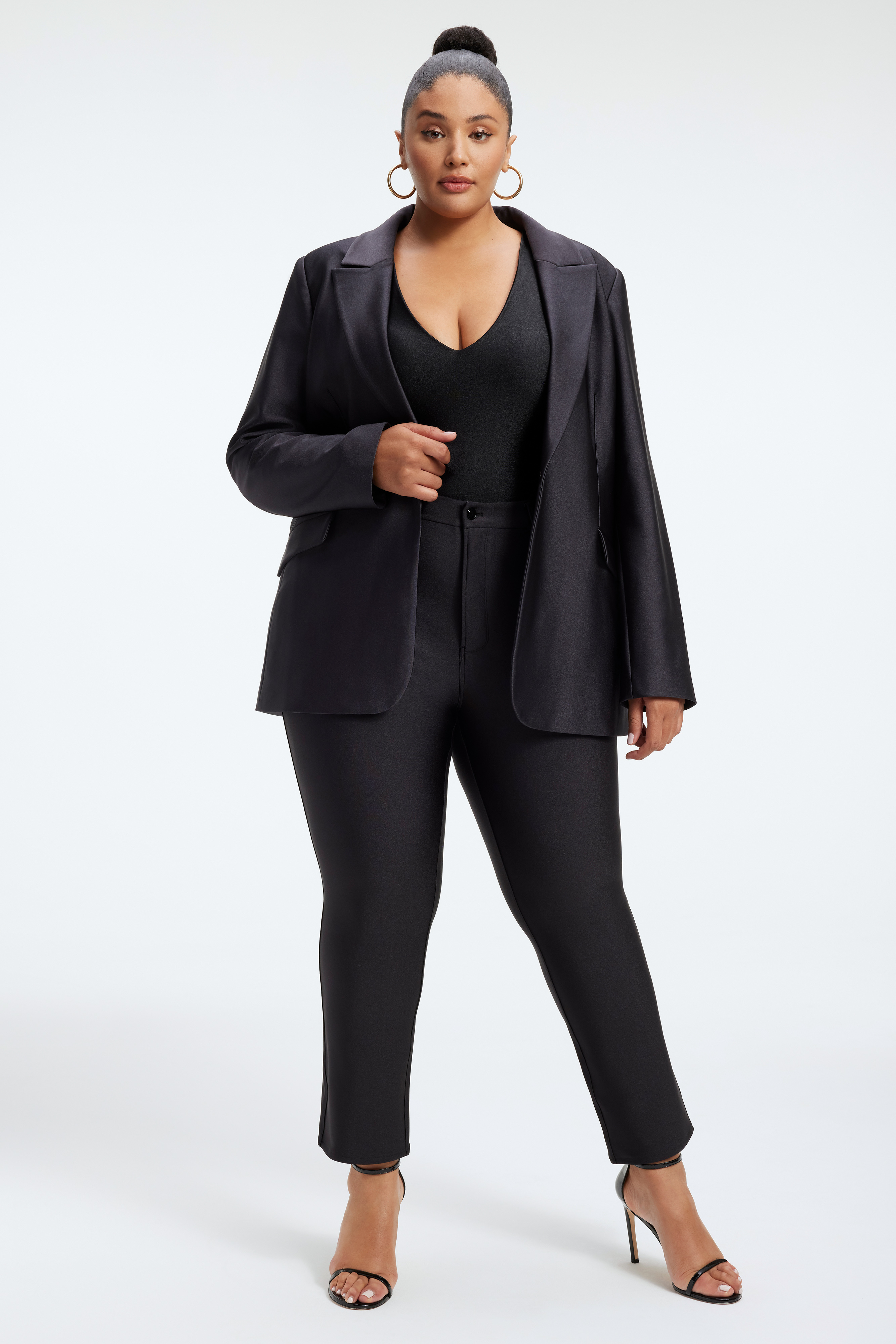 HIGH SHINE COMPRESSION SCULPTED BLAZER in BLACK001 styled with our HIGH SHINE COMPRESSION BODYSUIT in BLACK001, HIGH SHINE COMPRESSION BODYSUIT in BLACK001, or SHINE COMPRESSION GOOD WAIST STRAIGHT in BLACK001