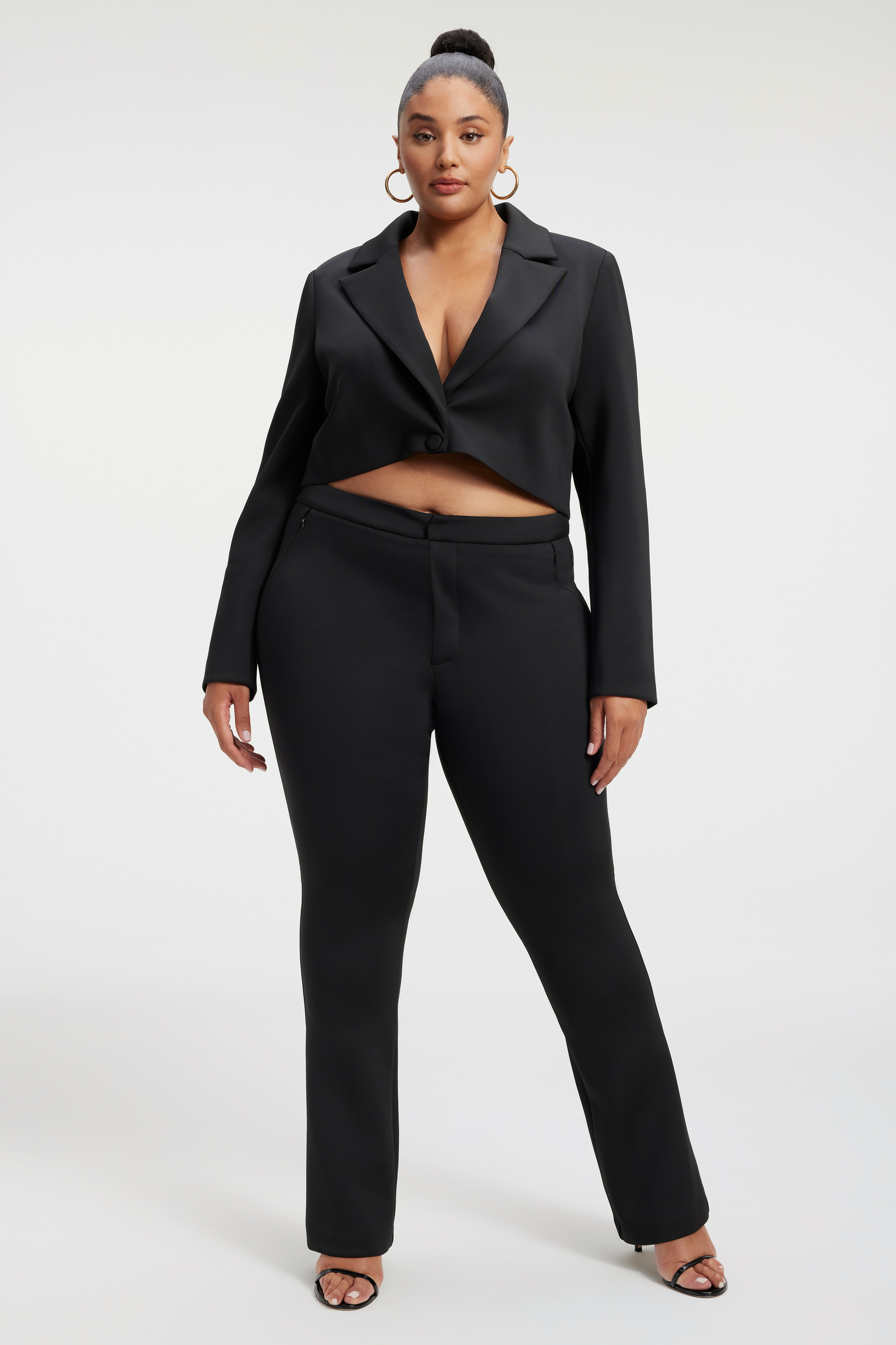 SHINY SCUBA CROPPED BLAZER in BLACK001 styled with our SCUBA FLARE PANTS in BLACK001, SCUBA SLIM ZIP in BLACK001, or SCUBA BOOTCUT PANTS in BLACK001