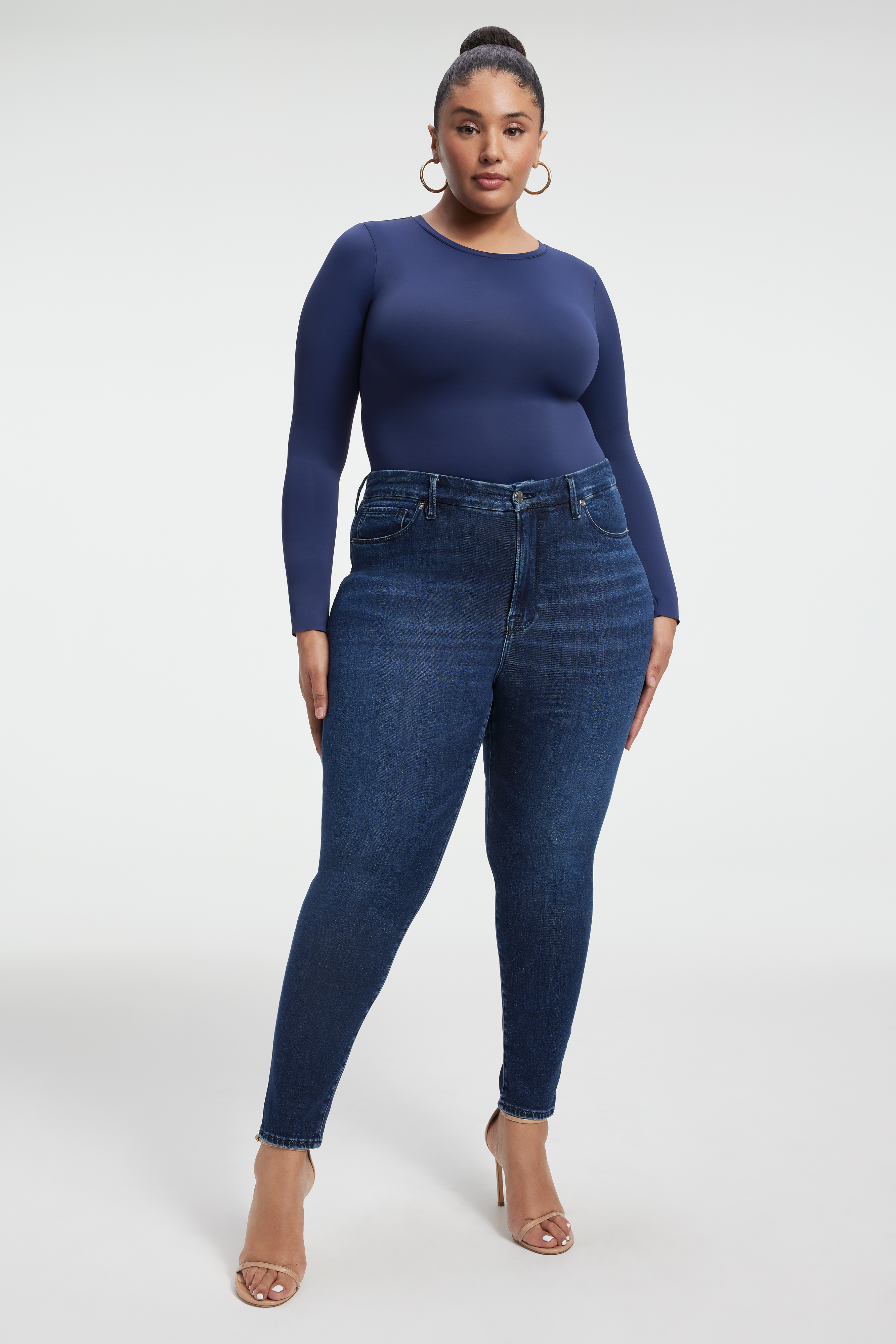 GOOD LEGS CASHMERE JEANS in INDIGO312 styled with our SCUBA CREWNECK BODYSUIT in BLUE RINSE, SCUBA MODERN TANK BODYSUIT in BLUE RINSE, or CLASSIC FLANNEL SHIRT in BLUE RINSE LARGE PLAID