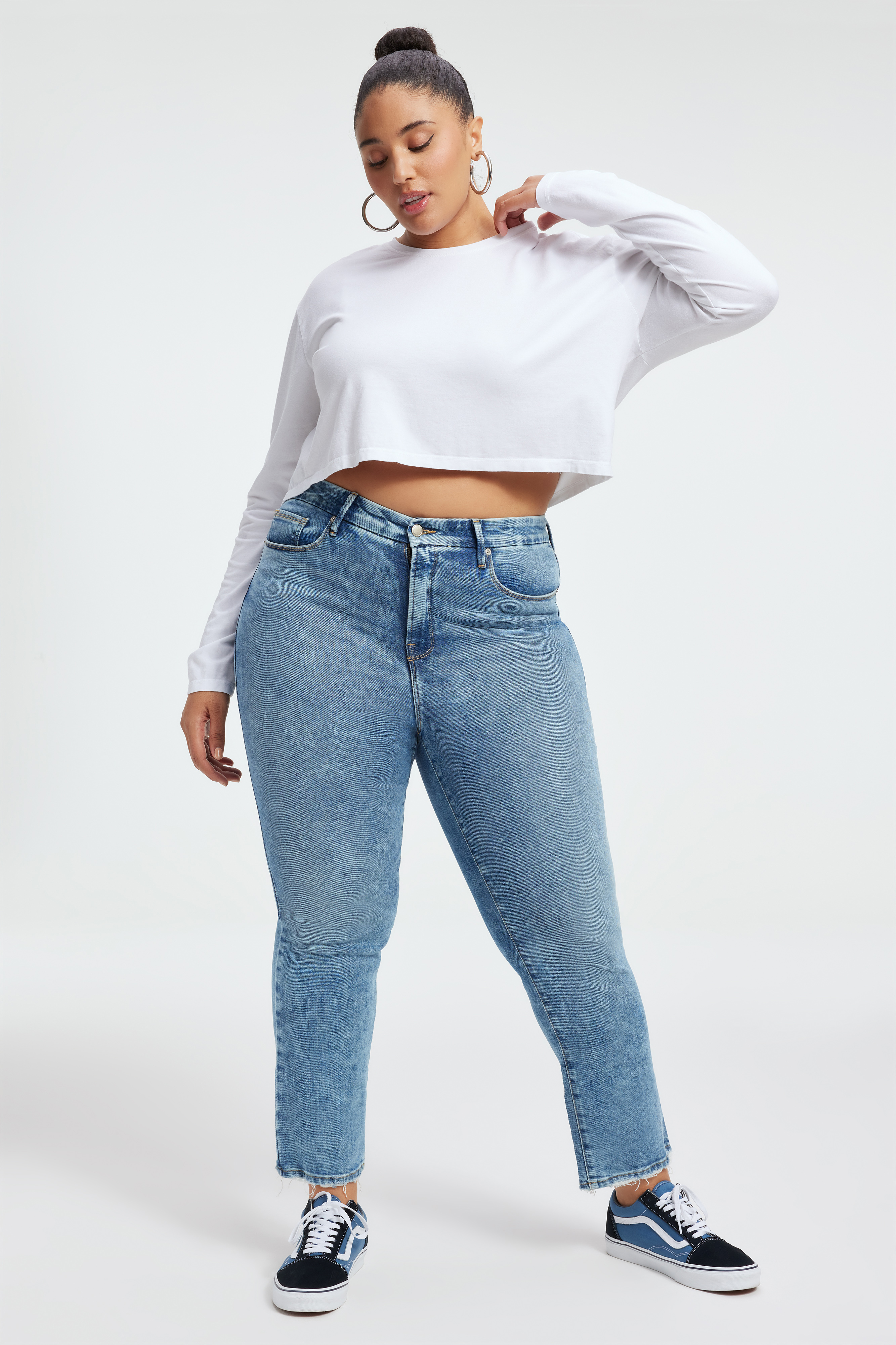 GOOD LEGS STRAIGHT JEANS in INDIGO333 styled with our COTTON CROPPED LONG SLEEVE TEE in WHITE001, COTTON CROPPED TEE in WHITE001, or SCUBA CREW BODYSUIT in WHITE001