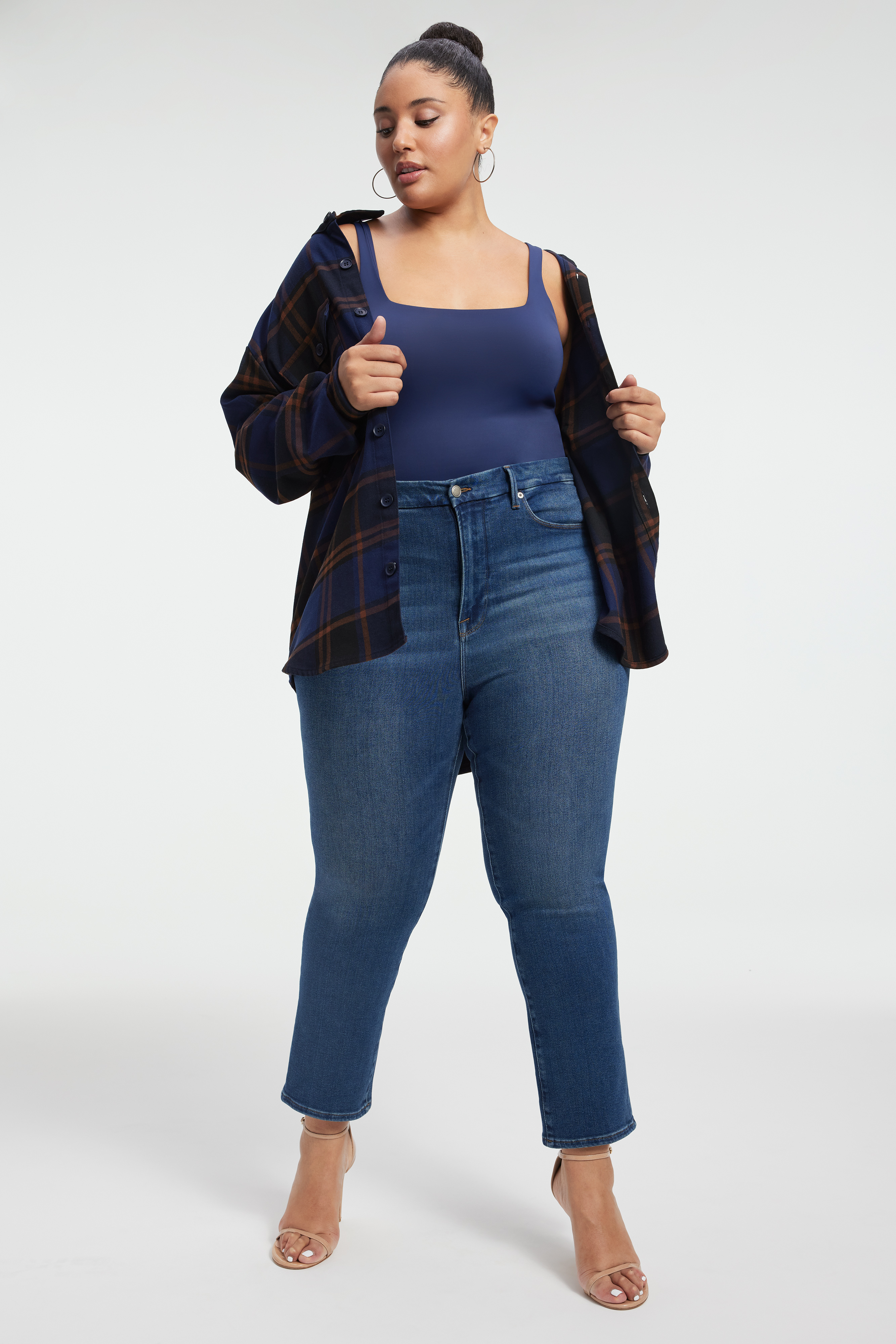 GOOD LEGS STRAIGHT JEANS in INDIGO332 styled with our SCUBA MODERN TANK BODYSUIT in BLUE RINSE, UNISEX FLANNEL SHIRT in BLUE RINSE LARGE PLAID, or LONG SHERPA SHACKET in BLUE RINSE LARGE PLAID