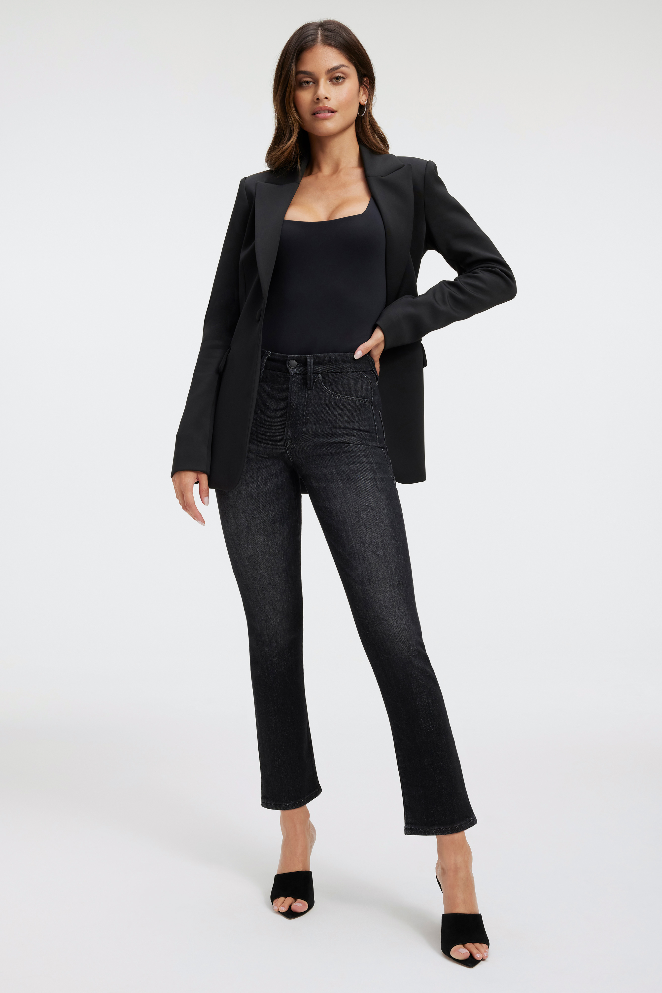 GOOD LEGS STRAIGHT CASHMERE JEANS in BLACK218 styled with our SCUBA MODERN TANK BODYSUIT in BLACK001, GOOD FORM CREWNECK BODY in BLACK001,