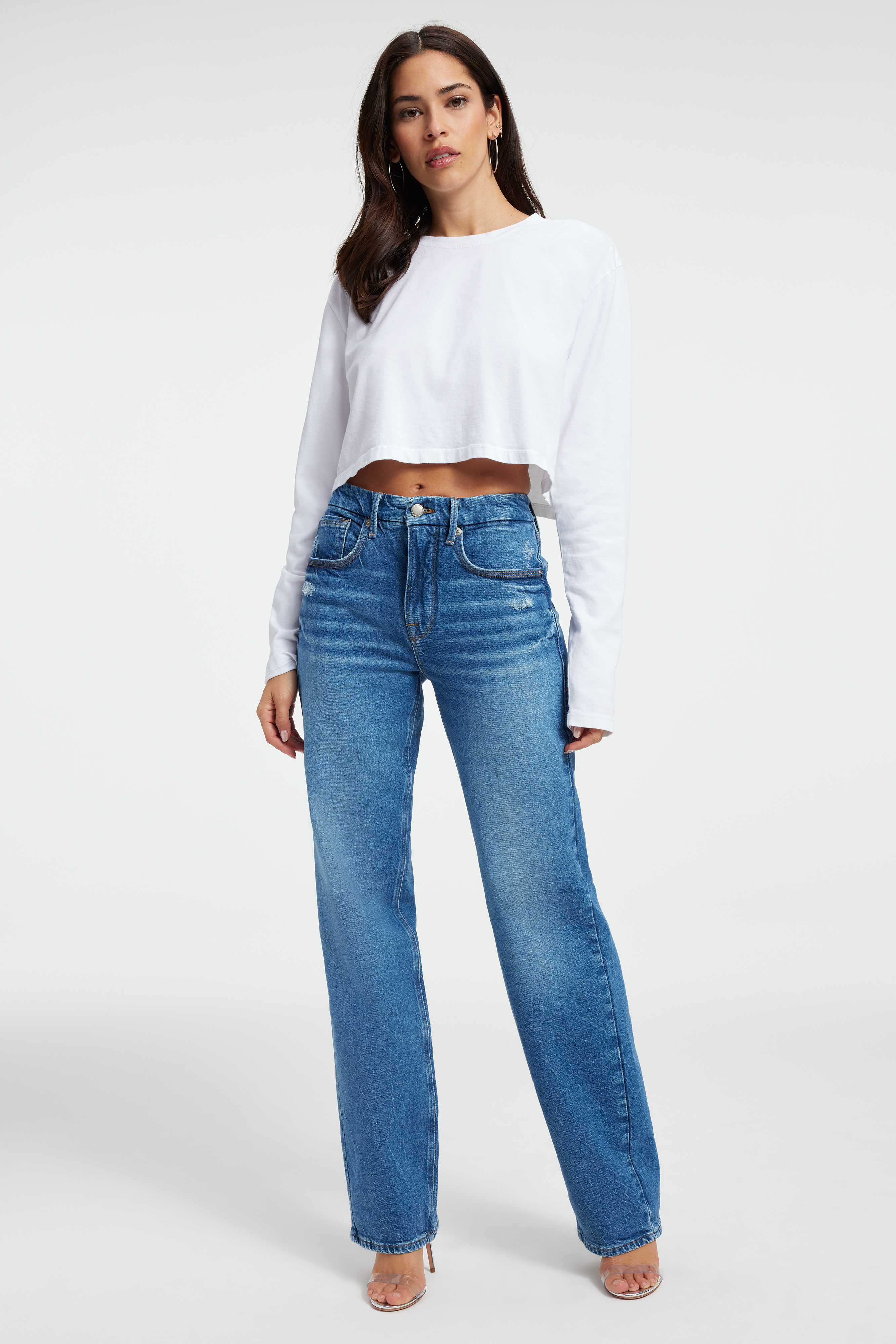 GOOD '90s JEANS in INDIGO348 styled with our COTTON CROPPED LONG SLEEVE TEE in WHITE001, COTTON CROPPED TEE in WHITE001, or DIAMOND FLEECE CORSET in HEATHER GREY001