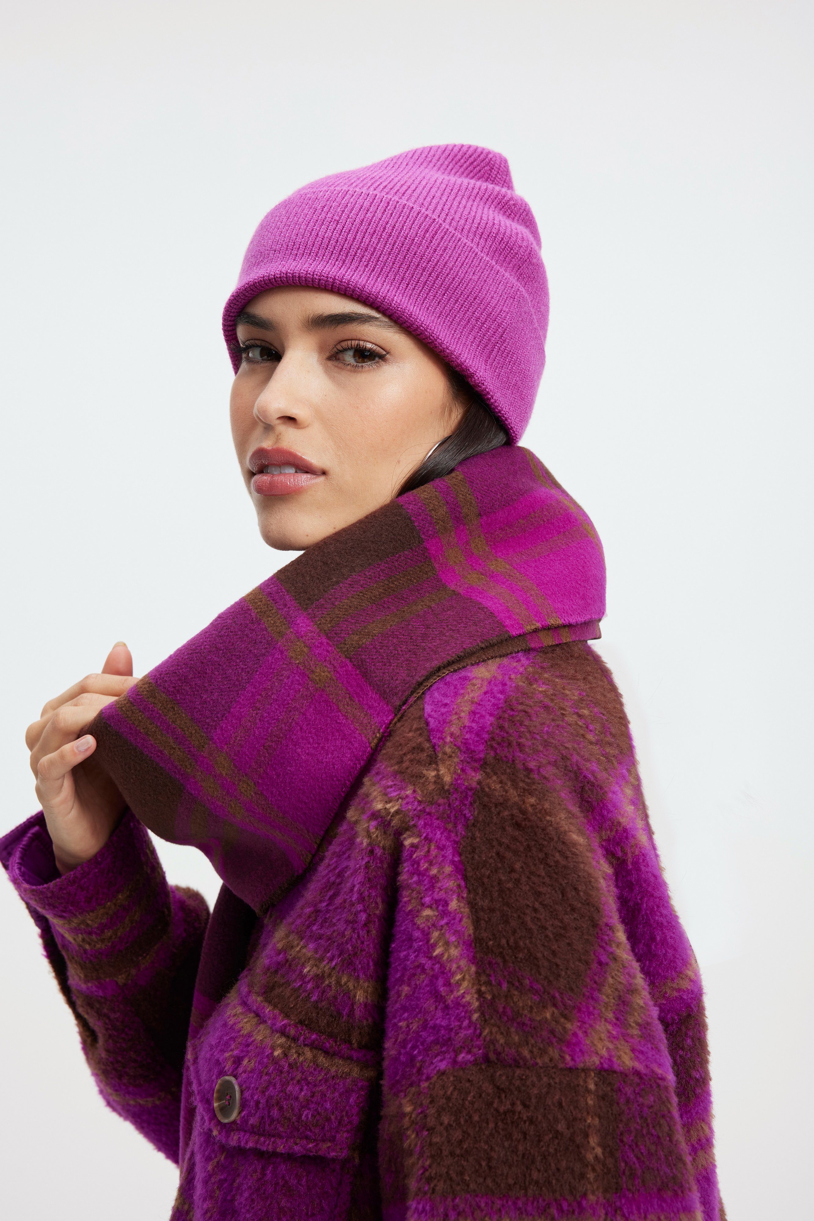 GOOD KNIT BEANIE in POWER PURPLE styled with our CLASSIC SOFT SCARF in POWER PURPLE LARGE PLAID, BRUSHED BOYFRIEND SHACKET in POWER PURPLE LARGE PLAID, or CLASSIC FLANNEL SHIRT in POWER PURPLE LARGE PLAID