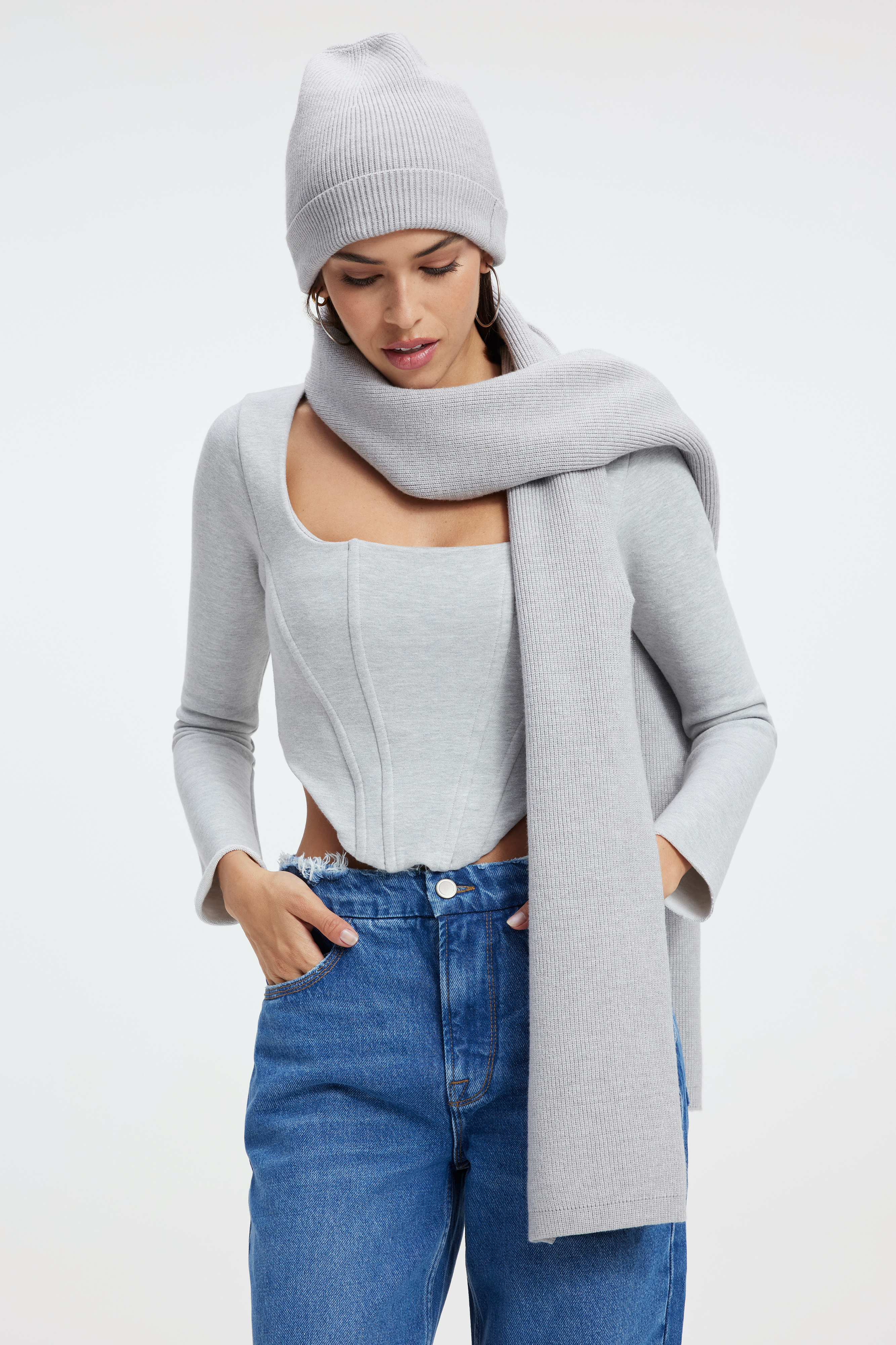 GOOD KNIT SCARF in HEATHER GREY001 styled with our CROPPED ZIP UP MOCK NECK in HEATHER GREY001, FLARE LEGGINGS in HEATHER GREY001, or GOOD '90S in BLUE541