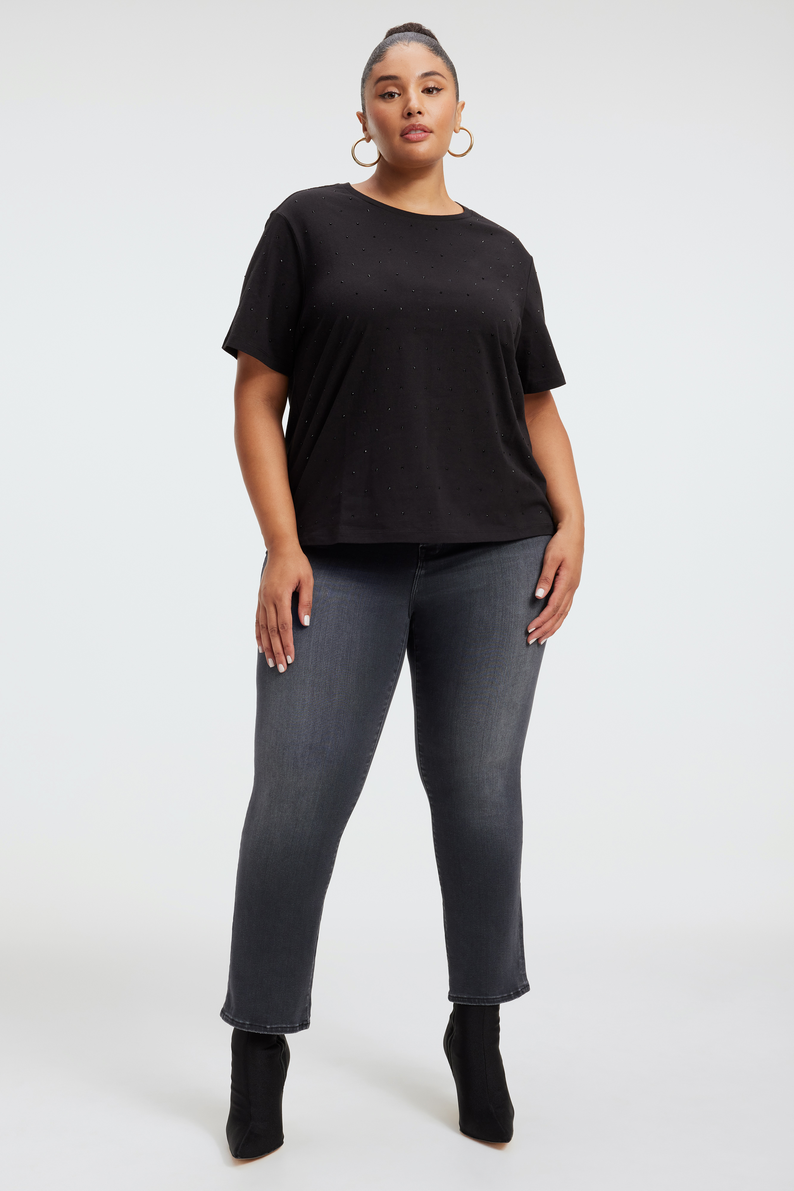 DIAMOND STUDDED TEE in BLACK001 styled with our ALWAYS FITS GOOD STRAIGHT DEEP V JEANS in BLACK253, GOOD STRAIGHT in BLACK184,