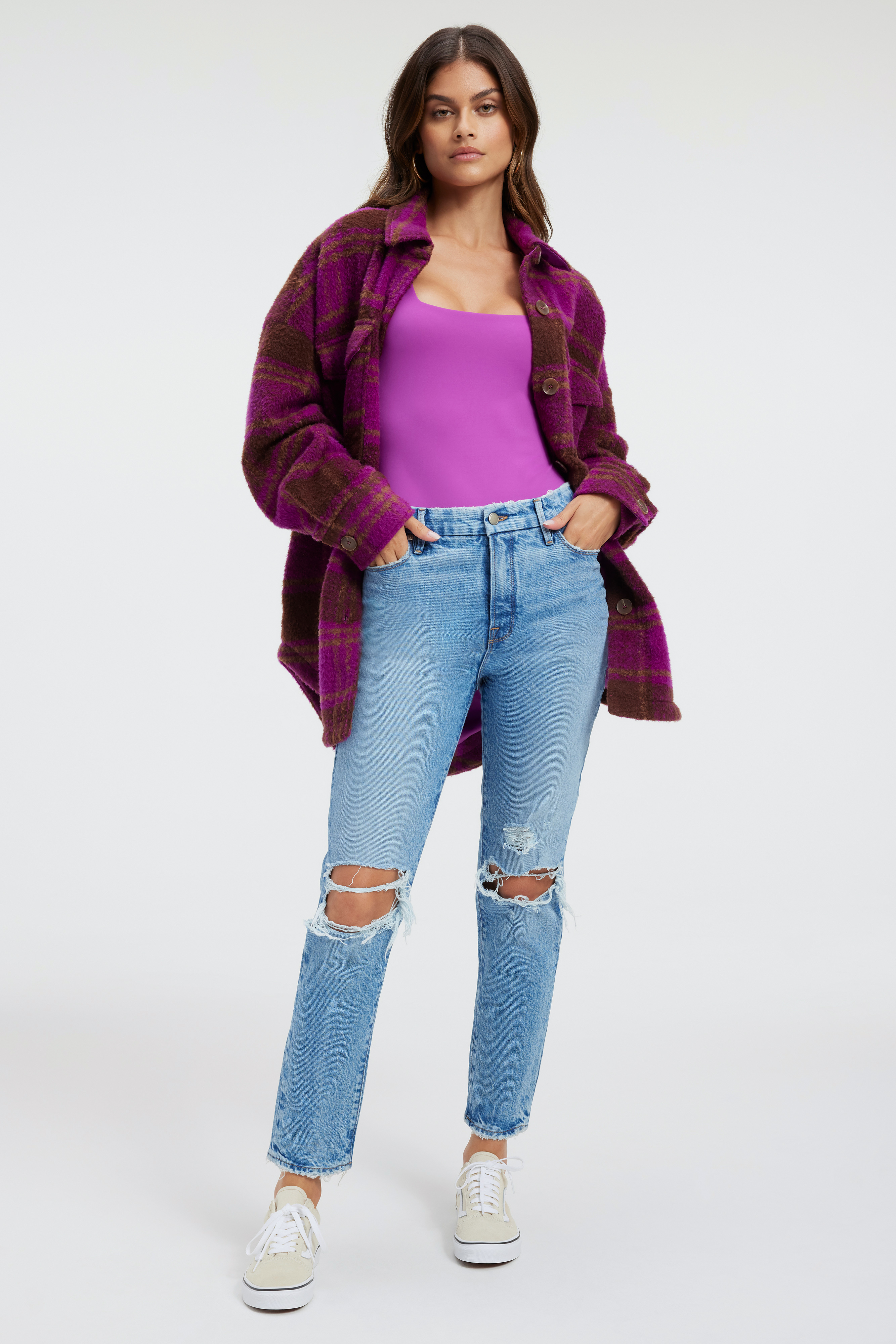 THE WEEKENDER JEANS in INDIGO342 styled with our or BRUSHED BOYFRIEND SHACKET in POWER PURPLE LARGE PLAID