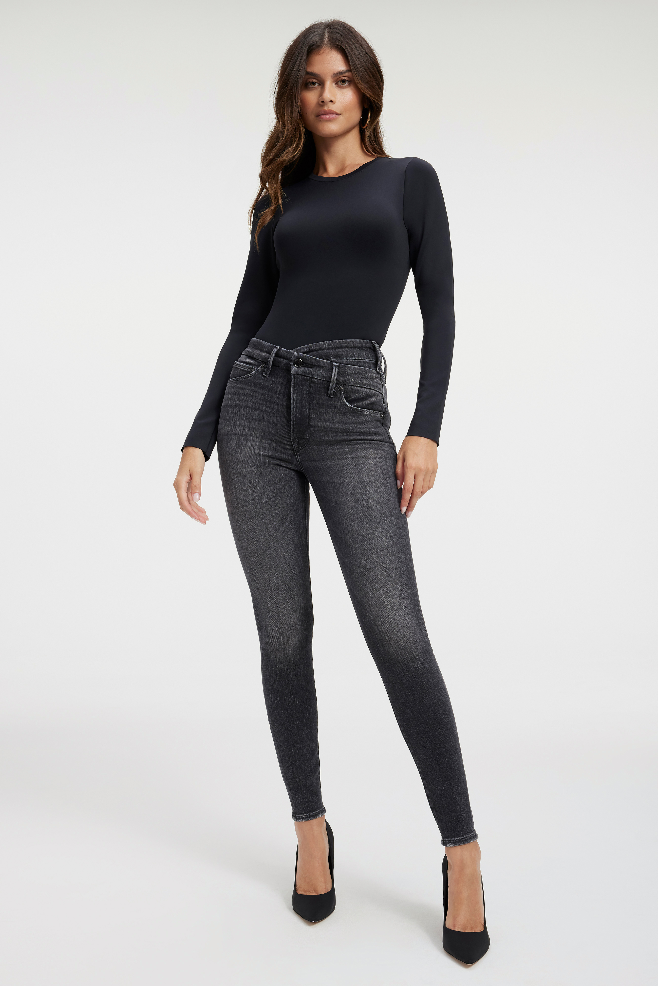 GOOD WAIST CROP JEANS in BLACK219 styled with our GOOD FORM CREWNECK BODY in BLACK001, SCUBA V-NECK BODYSUIT in BLACK001, or SHOULDER SLIT SWEATER BODYSUIT in BLACK001