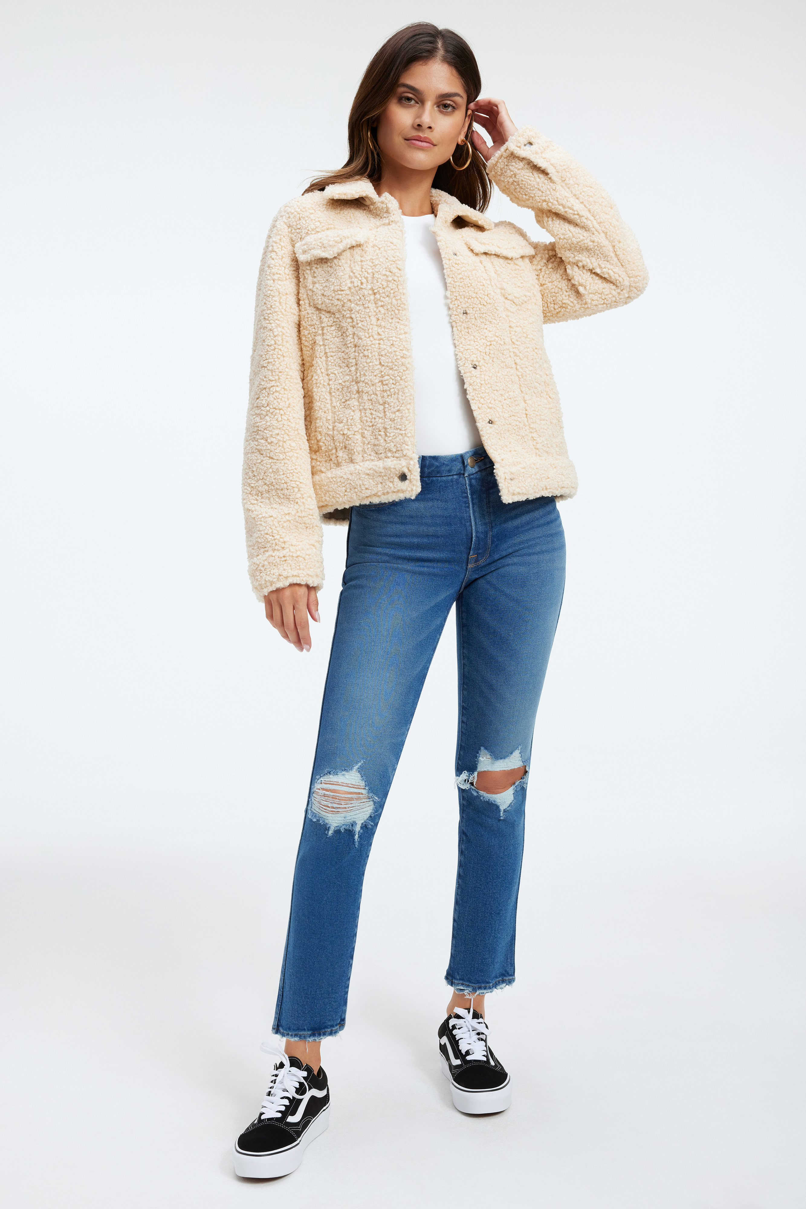 GOOD CURVE STRAIGHT JEANS in INDIGO337 styled with our COTTON RELAXED CREW NECK in WHITE001, SCUBA SHORT SLEEVE BODYSUIT in WHITE001, or COTTON CROPPED LONG SLEEVE TEE in WHITE001