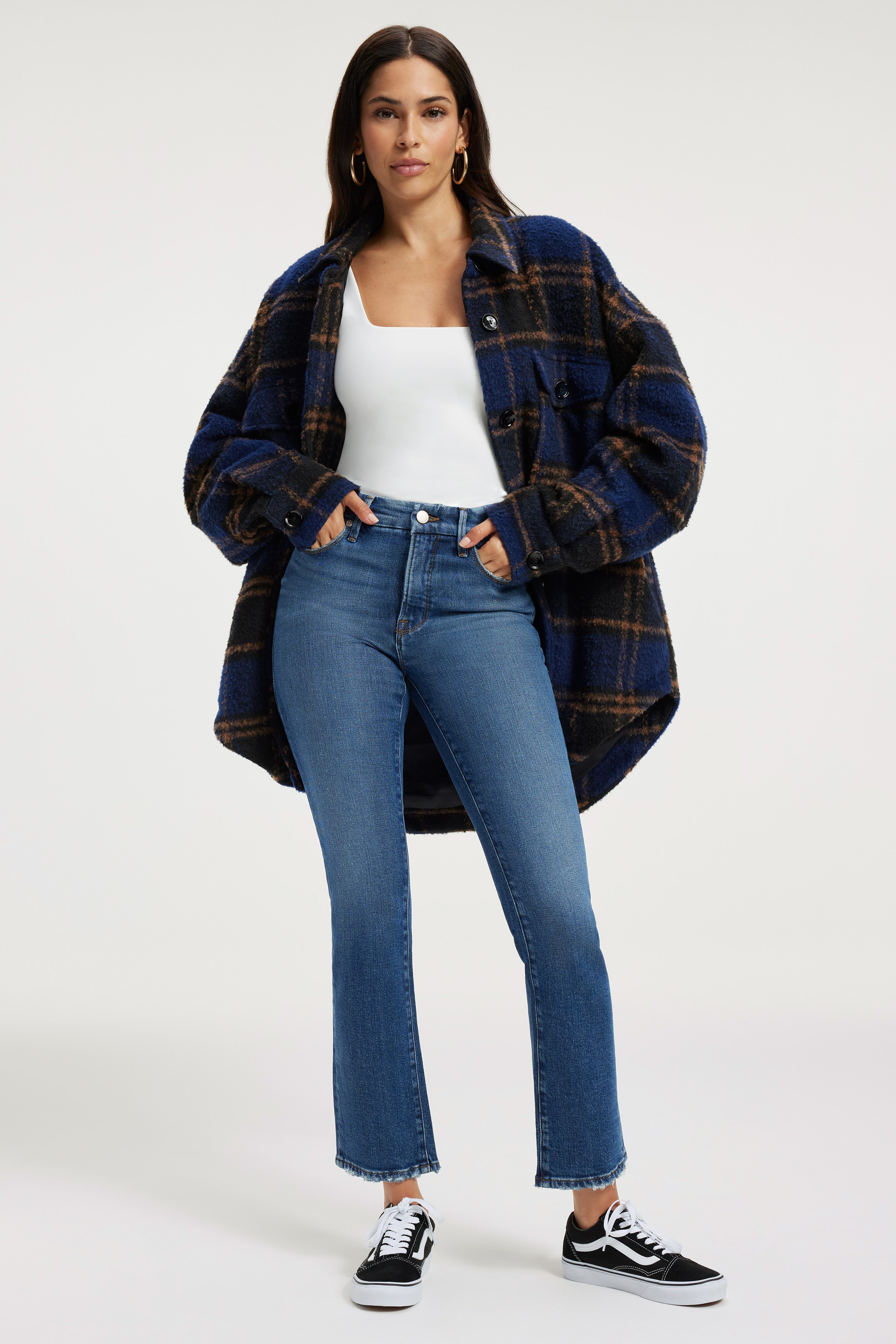 GOOD LEGS STRAIGHT JEANS in INDIGO331 styled with our SCUBA MODERN TANK BODYSUIT in WHITE001, FLEECE SHACKET in BLUE RINSE, or UNISEX FLANNEL SHIRT in BLUE RINSE LARGE PLAID