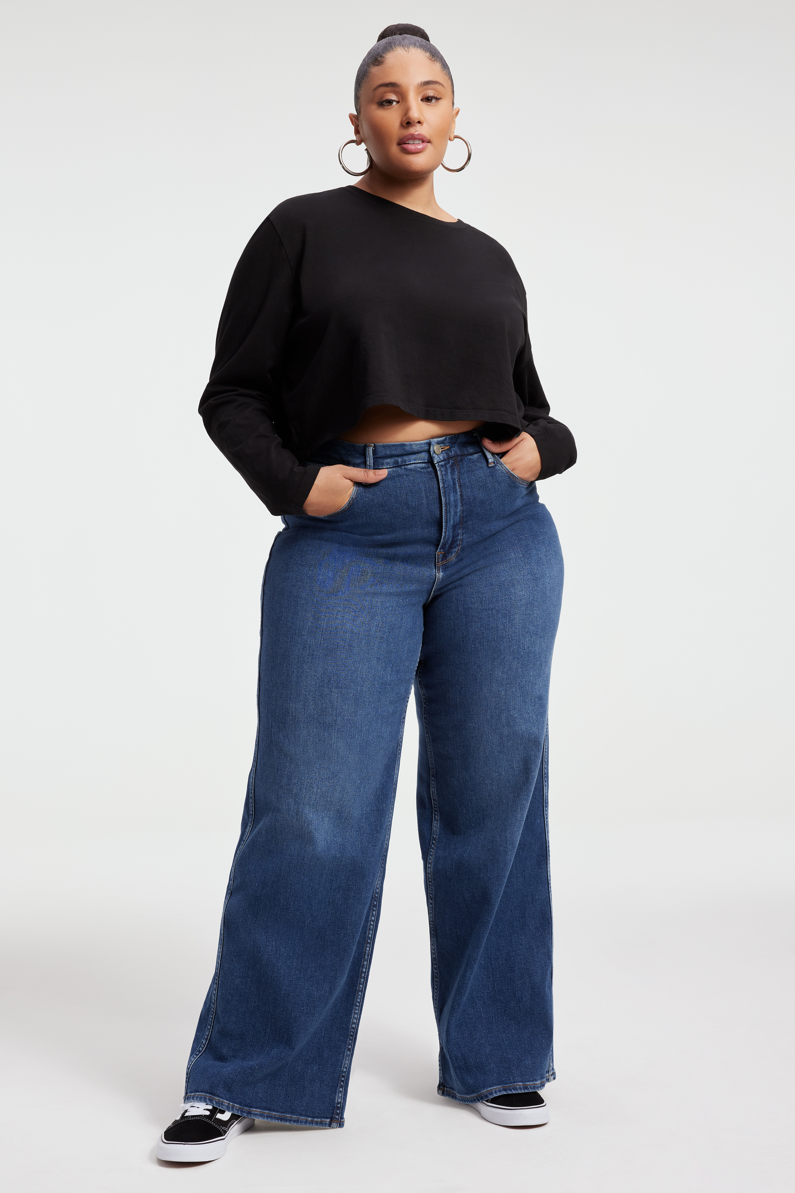 GOOD SKATE CASHMERE JEANS in INDIGO343 styled with our COTTON CROPPED LONG SLEEVE TEE in BLACK001, COTTON CROPPED TEE in BLACK001, or EMBELLISHED TEE in BLACK001