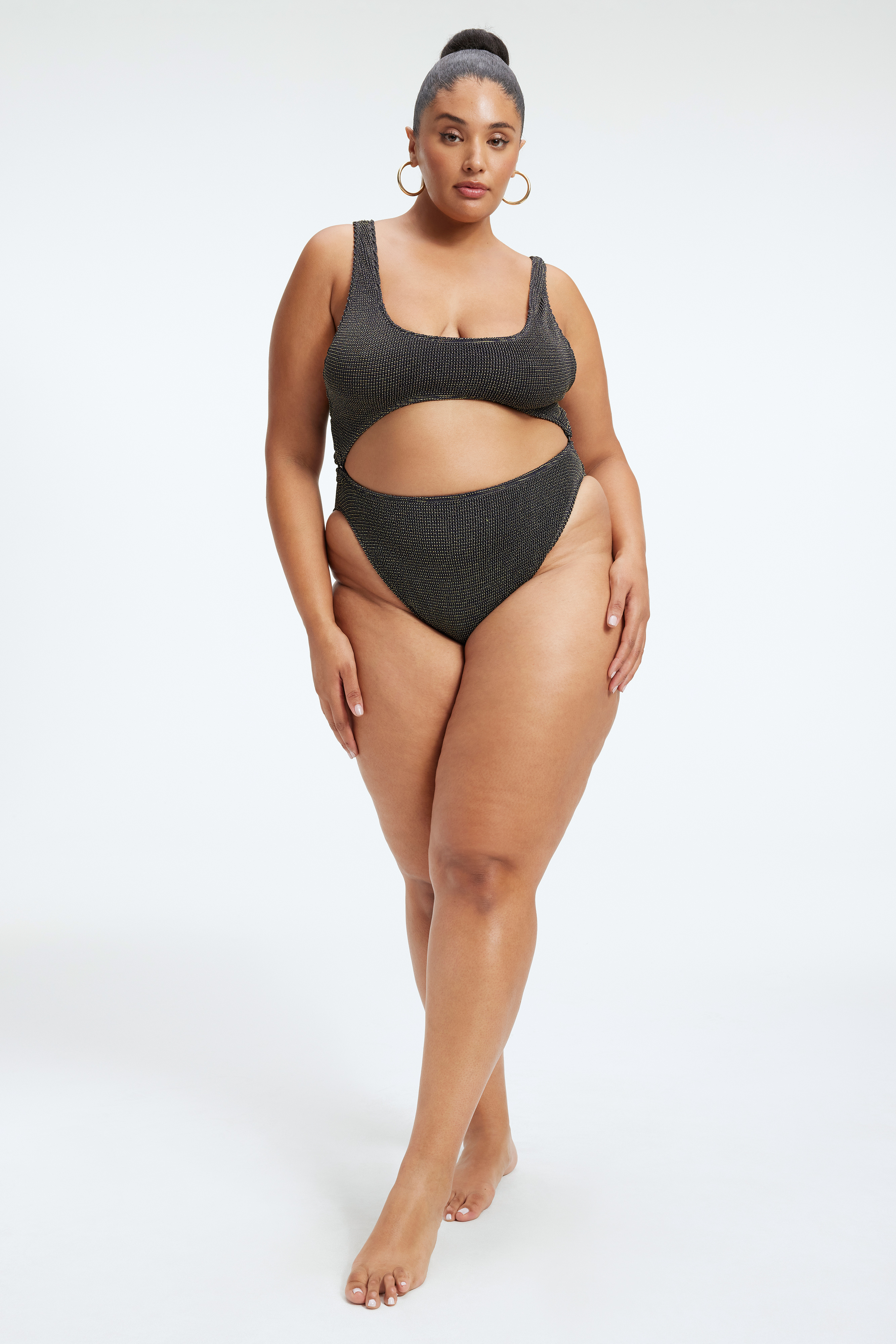 ALWAYS FITS METALLIC MONOKINI in BLACK001 styled with our ALWAYS FITS METALLIC SCULPT DRESS in BLACK001, or ALWAYS FITS METALLIC MINI SKIRT in BLACK001