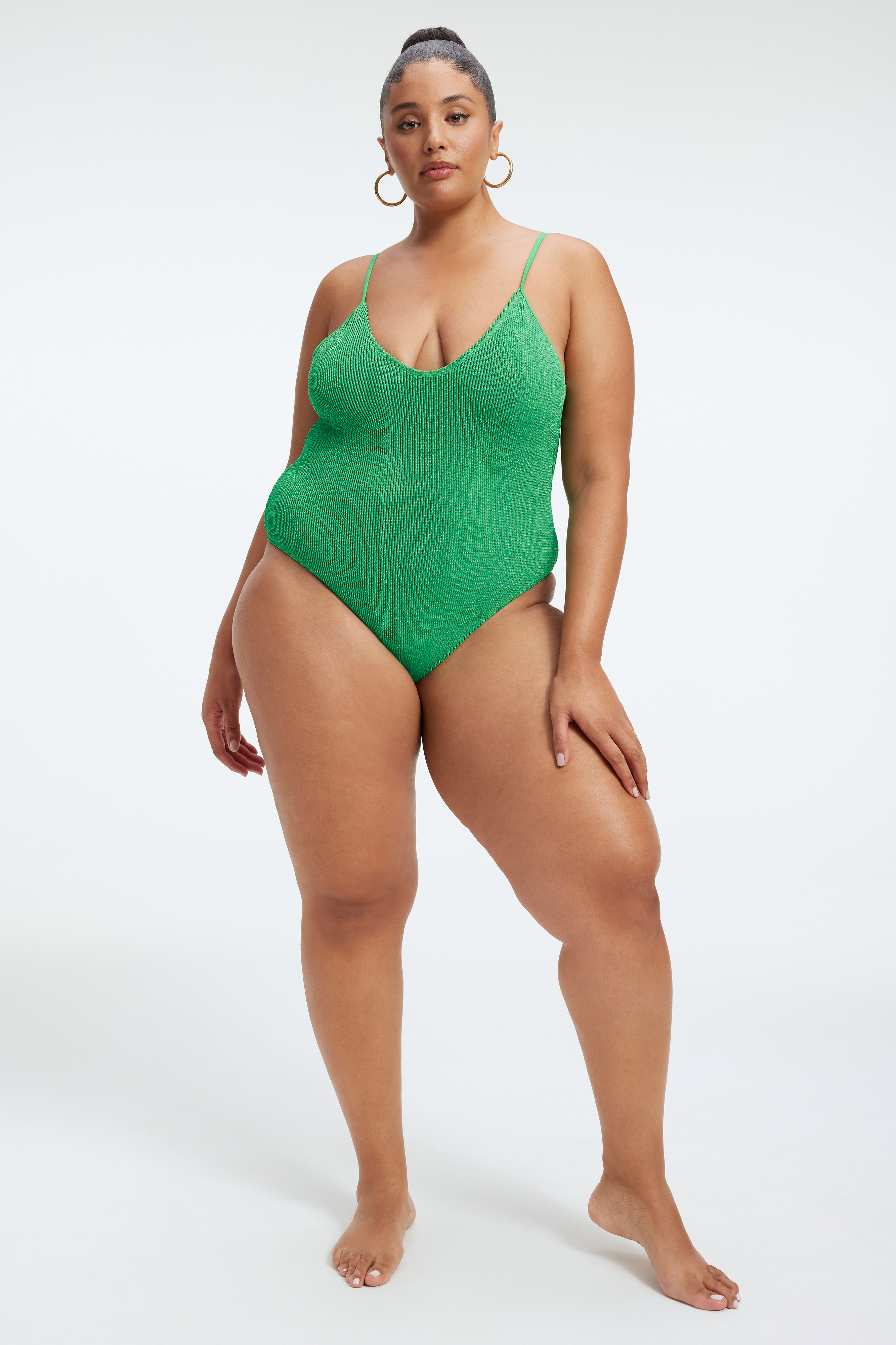 ALWAYS FITS METALLIC ONE-PIECE in SUMMER GREEN002 styled with our ALWAYS FITS METALLIC SCULPT DRESS in SUMMER GREEN002, or ALWAYS FITS METALLIC MINI SKIRT in SUMMER GREEN002