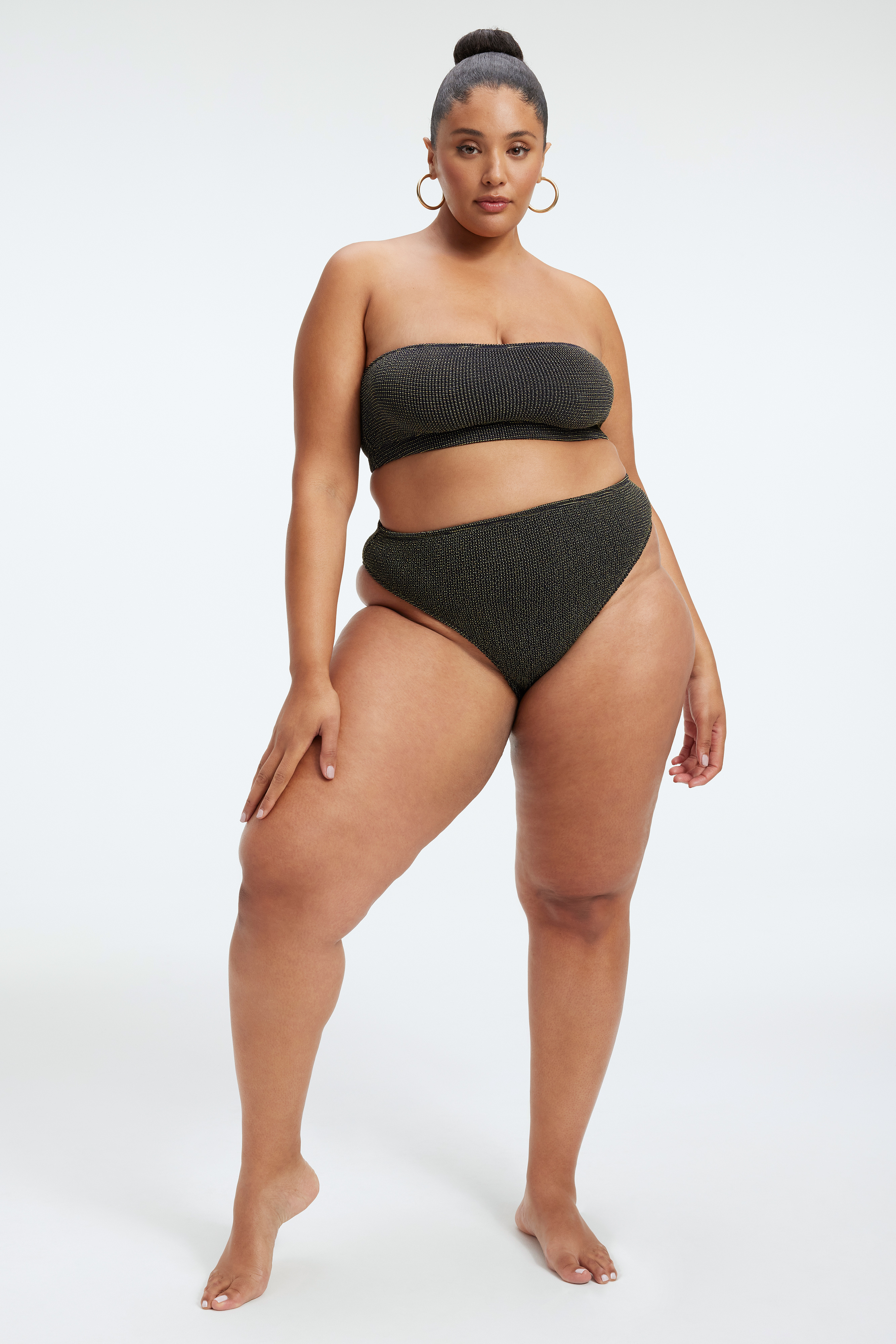 ALWAYS FITS METALLIC BIKINI BOTTOM in BLACK001 styled with our ALWAYS FITS METALLIC BIKINI BAND in BLACK001, ALWAYS FITS METALLIC TWIST TOP in BLACK001, or ALWAYS FITS TINY METALLIC TOP in BLACK001