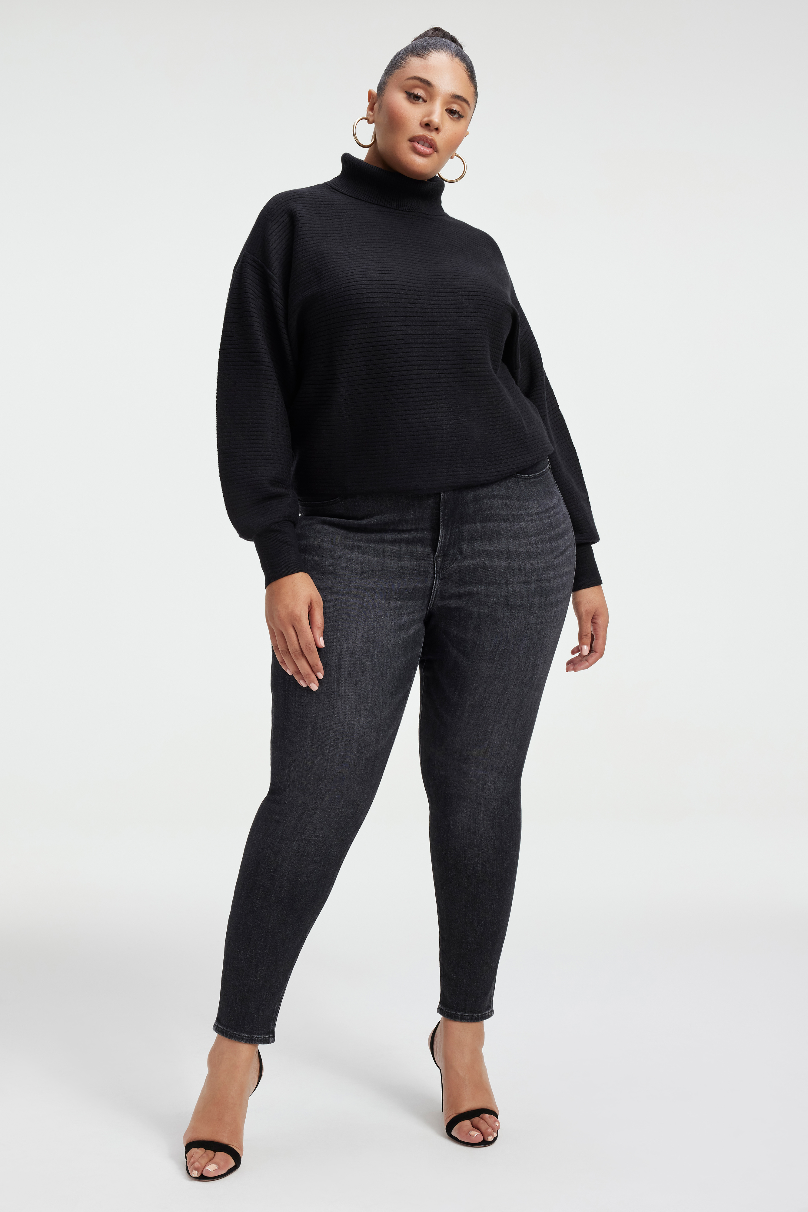 MOCKNECK SWEATER in BLACK001 styled with our ALWAYS FITS GOOD LEGS in DEEP BLUE002, GOOD LEGS in BLACK001, or ALWAYS FITS GOOD LEGS CIGARETTE JEANS in BLUE224