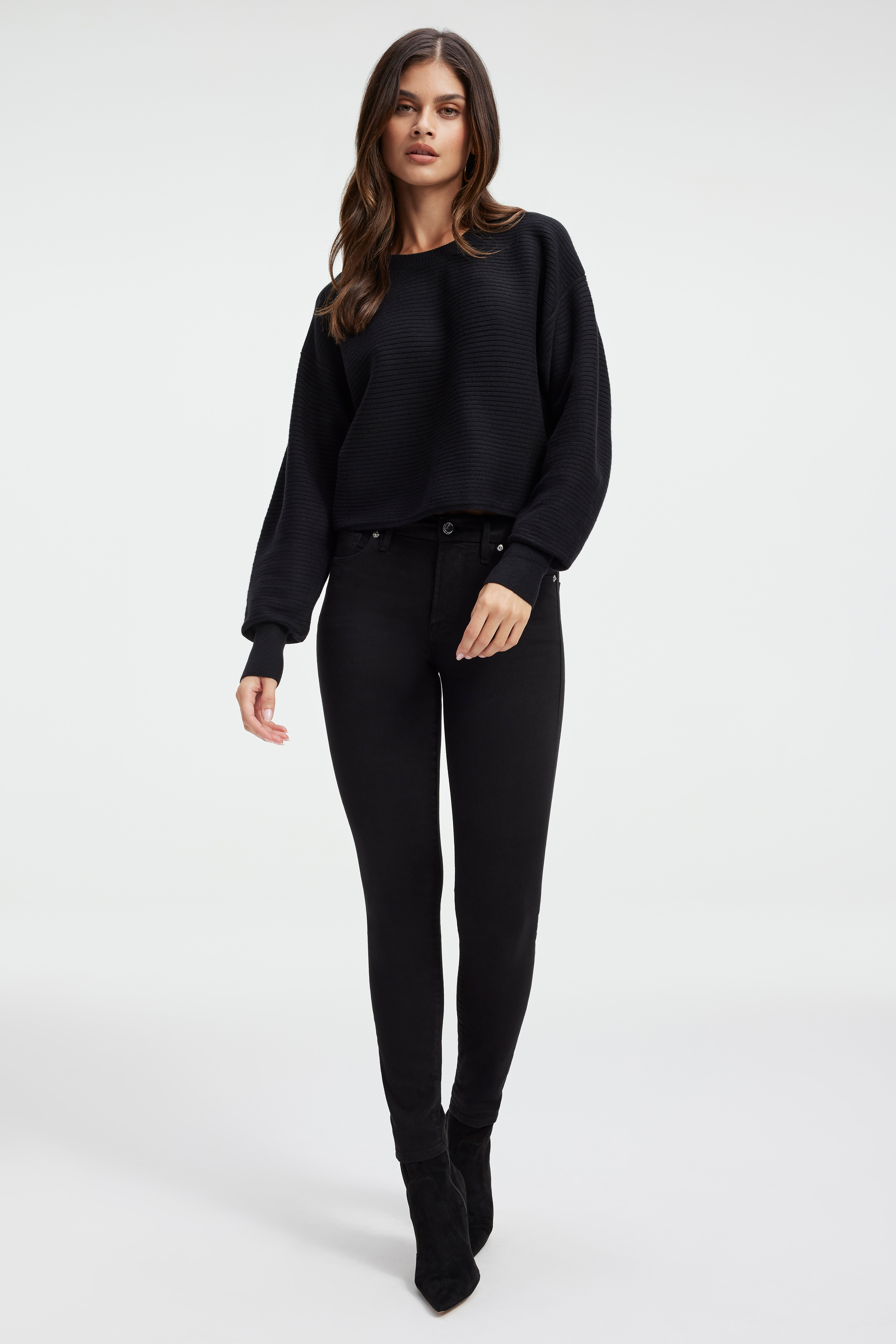 CREWNECK SWEATER in BLACK001 styled with our GOOD LEGS in BLACK001, GOOD WAIST CROP JEANS in BLACK216, or GOOD CLASSIC NEVER FADE JEANS in BLACK001