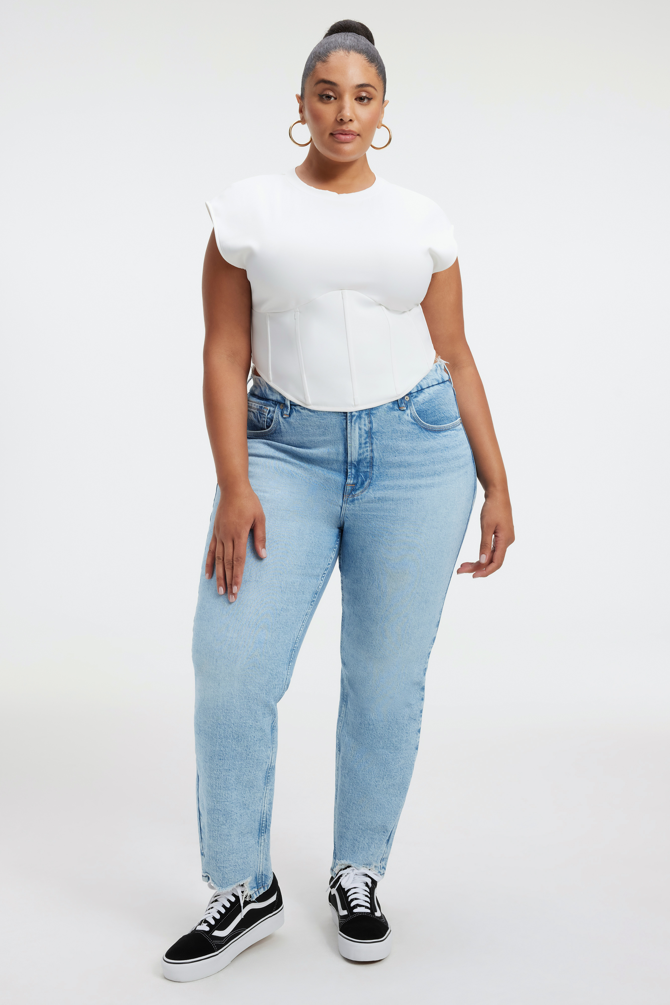 SCUBA CORSET TEE in WHITE001 styled with our THE WEEKENDER JEANS in INDIGO248, GOOD BOY JEANS in INDIGO340, or GOOD ICON PIECED JEANS in INDIGO360