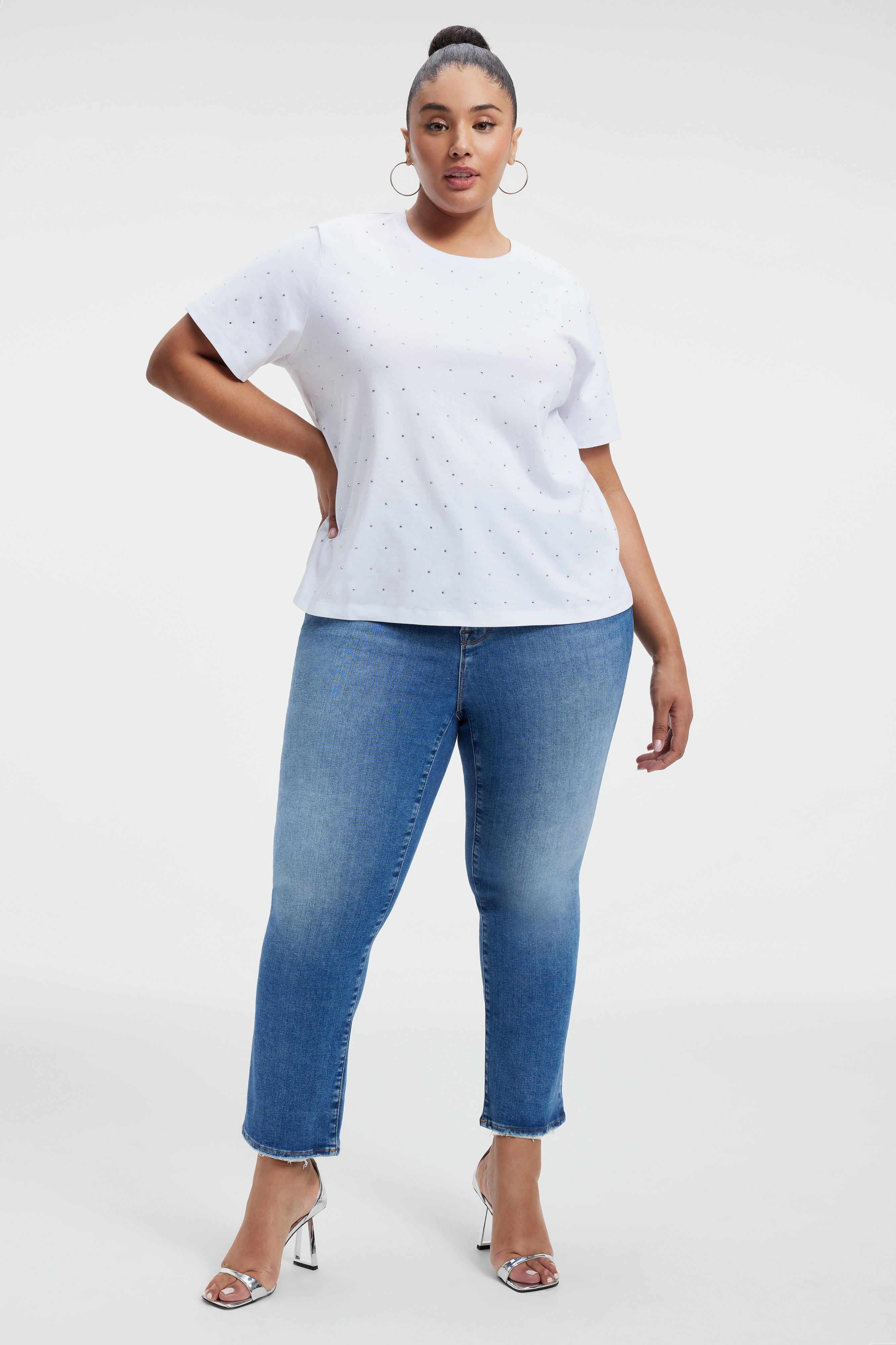 EMBELLISHED TEE in WHITE001 styled with our GOOD LEGS STRAIGHT JEANS in INDIGO333, GOOD STRAIGHT JEANS in INDIGO126, or GOOD CURVE STRAIGHT JEANS in BLUE313