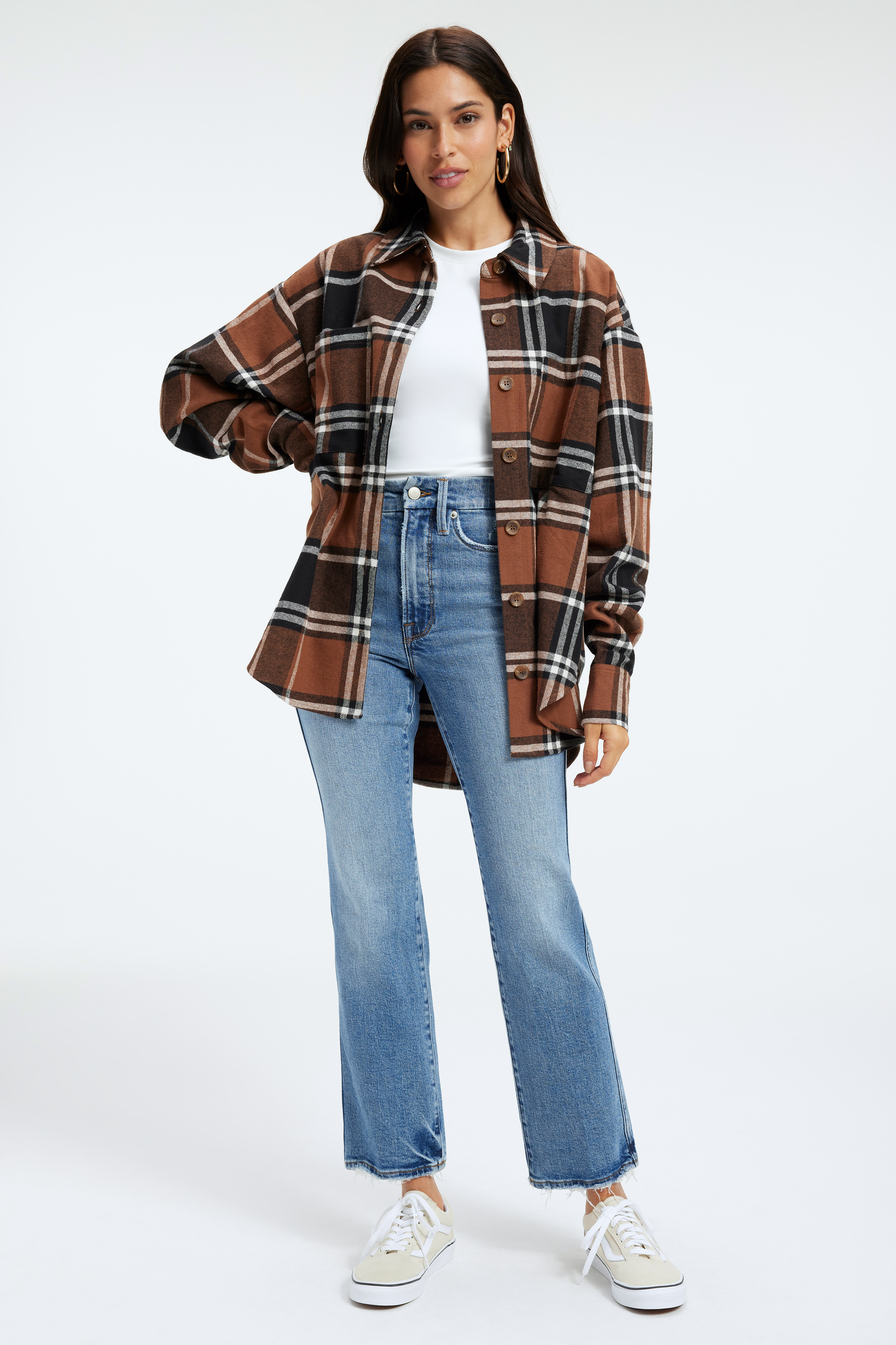 UNISEX FLANNEL SHIRT in BURNT CARAMEL LARGE PLAID styled with our GOOD LEGS CROPPED MINI BOOT JEANS in INDIGO350, GOOD LEGS CROPPED MINI BOOT JEANS in BLUE811, or SCUBA CREW BODYSUIT in WHITE001